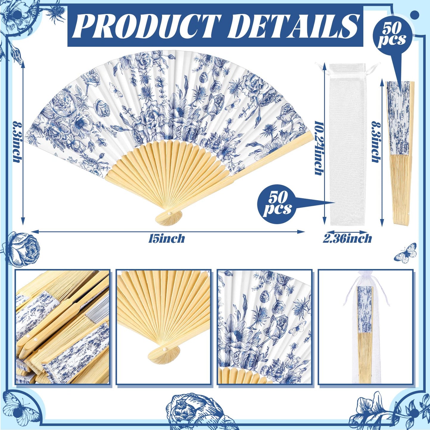 Vercraft 50 Sets Folding Hand Fans with Organza Bags Bulk, Paper Fans for Wedding Guests, Bridal Shower Party Favors, Summer Handheld Bamboo Fan Bridesmaid Gifts (Blue Floral)