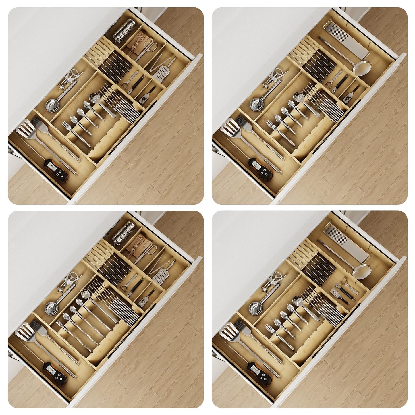 Landmok Bamboo Silverware Drawer Organizer, 17.72-29.53 Inch Expandable Large Kitchen Drawer Organizer, 5-8 Slot Flatware with Removable Card Slots & Knife Block for Spoon Butter Knive, Natural