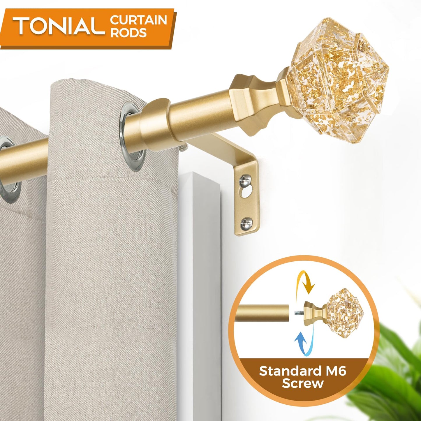TONIAL 2 Pack Curtain Rods for Windows 48 to 84 Inch, Telescoping Splicing 3/4 Single Rods 32 to 86 Inch Decorative Drapery Rod with Translucent Diamond Finial, Luxury Gold