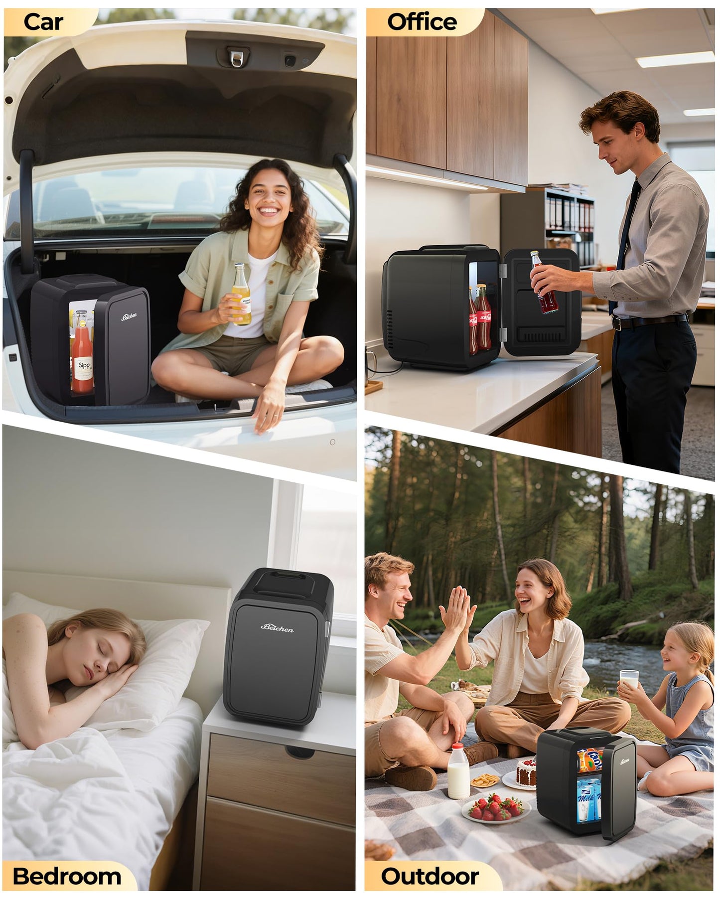 BEICHEN Mini Fridge, 4 Liter/6 Can Portable Refrigerator for Bedroom Office Dorm Car– Fast Cooling, Low Noise, 100-125V AC/5-12V USB Small Compact Refrigerator for Skincare, Food, Drinks(Black)