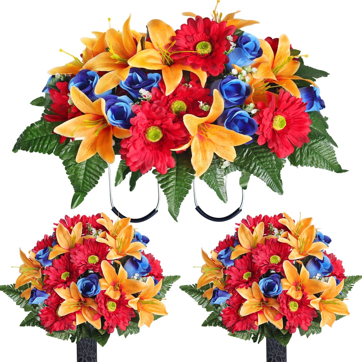 jabeick 3 PCS Artificial Cemetery Flower Saddles, Cemetery Memorial Flowers with Vase for Outdoor Grave Tombstone Decorations, Lily Rose Gerbera Headstone Flowers Saddle