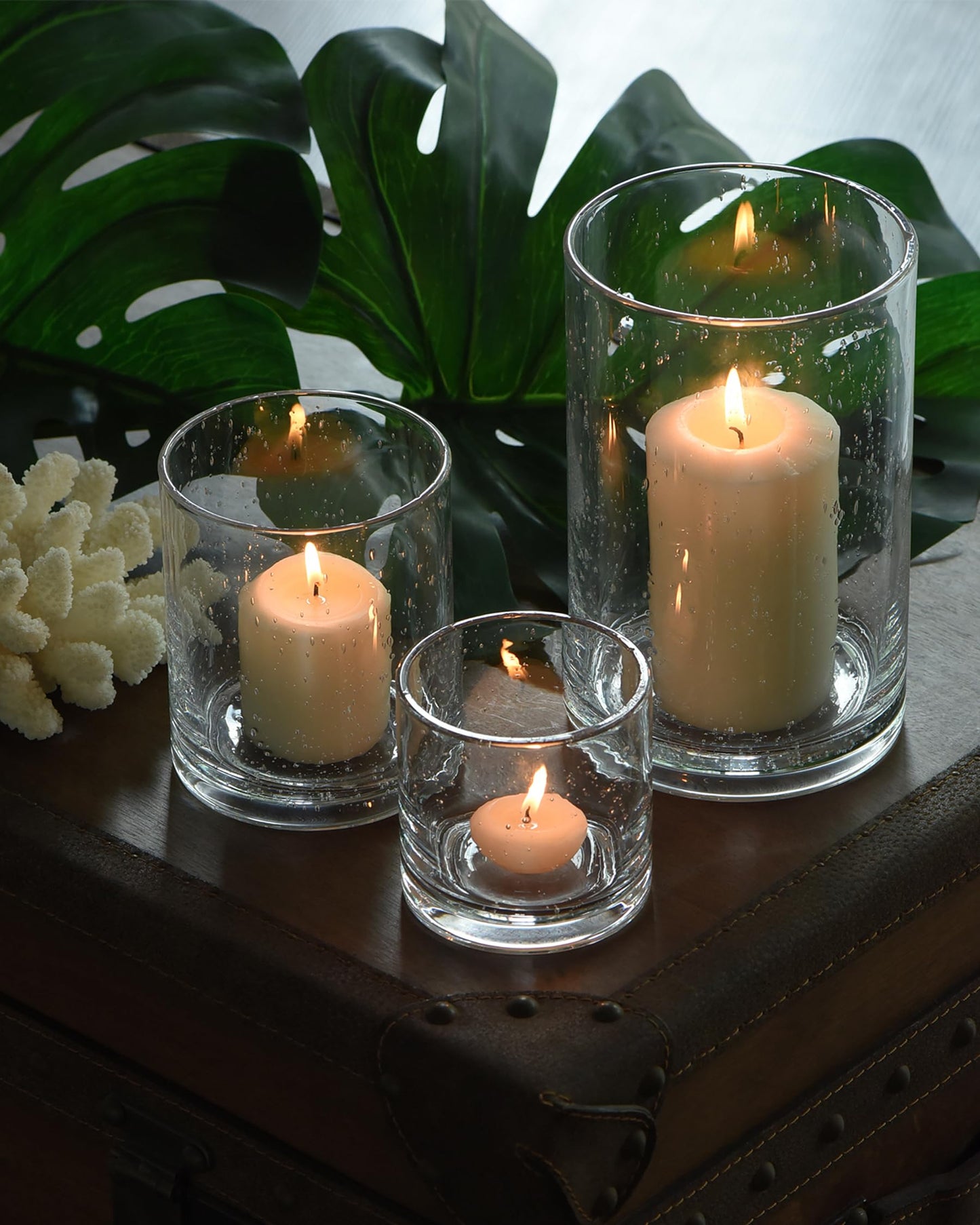 ARIAMOTION Glass Candle Holders Set, Hurricane Vase Centerpieces for Pillar Votive Flower,Clear Seeded Bubbles Cylinder Bulk, Mother's Day Birthday Gift,3 Sizes 8 Inch 5 Inch 3.5 Inch Height