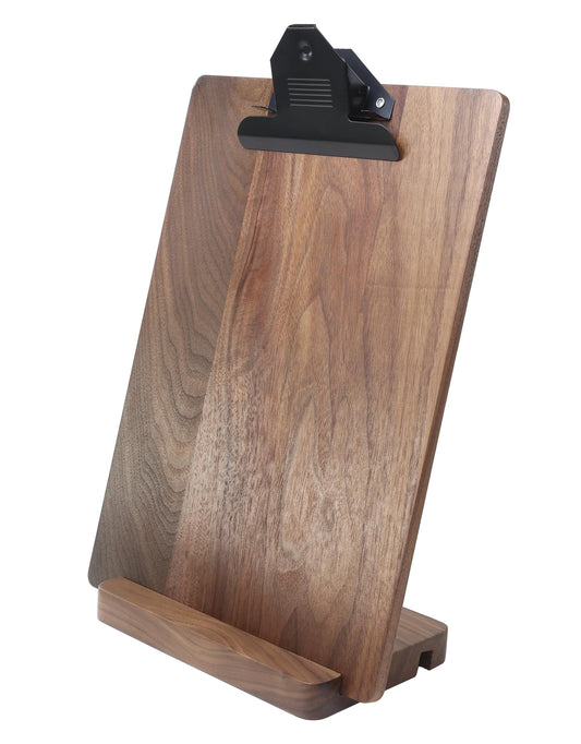 Solid Hardwood Walnut Clipboard with Stand,Wooden Menu Holder for Restaurant,Tabletop Display Stands,Bar Countertop Receipt Holder,Standing Clip Boards 8.5x11 with High Capacity Metal Clip