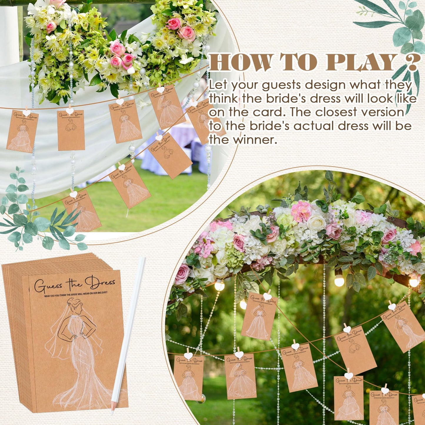 Sinload 50 Sets Guess the Dress Bridal Shower Games for Guests Wedding Shower Games Cards Water Soluble Pencils with Fun Heart Wooden Clip and 1 String Rope Wedding Party Supplies Games Ideas