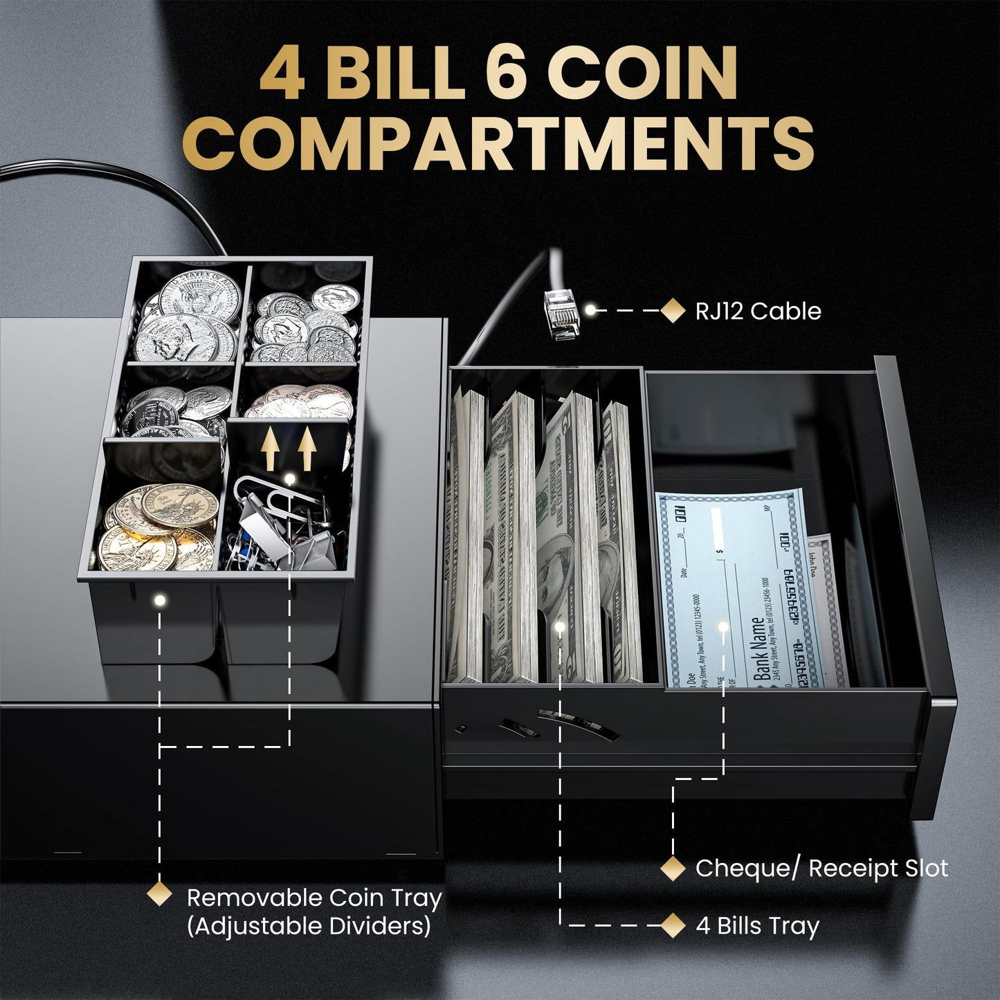 Tera Cash Register Drawer 8" Mini: 4 Bill 6 Coin Small Cash Drawer Auto Open with Media Slot 24V RJ12 Cable for POS System Key-Lock Removable Coin Separators for Small Business Retail Counter 208