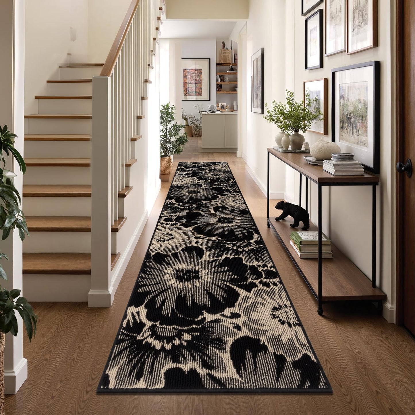 Findosom Hallway Runner Rug 2x10, Non Slip High-Low Textured Floral Washable Runner Rug with Rubber Backing, Boho Carpet Runner for Kitchen, Entryway, Bedroom, Laundry, Black & Beige