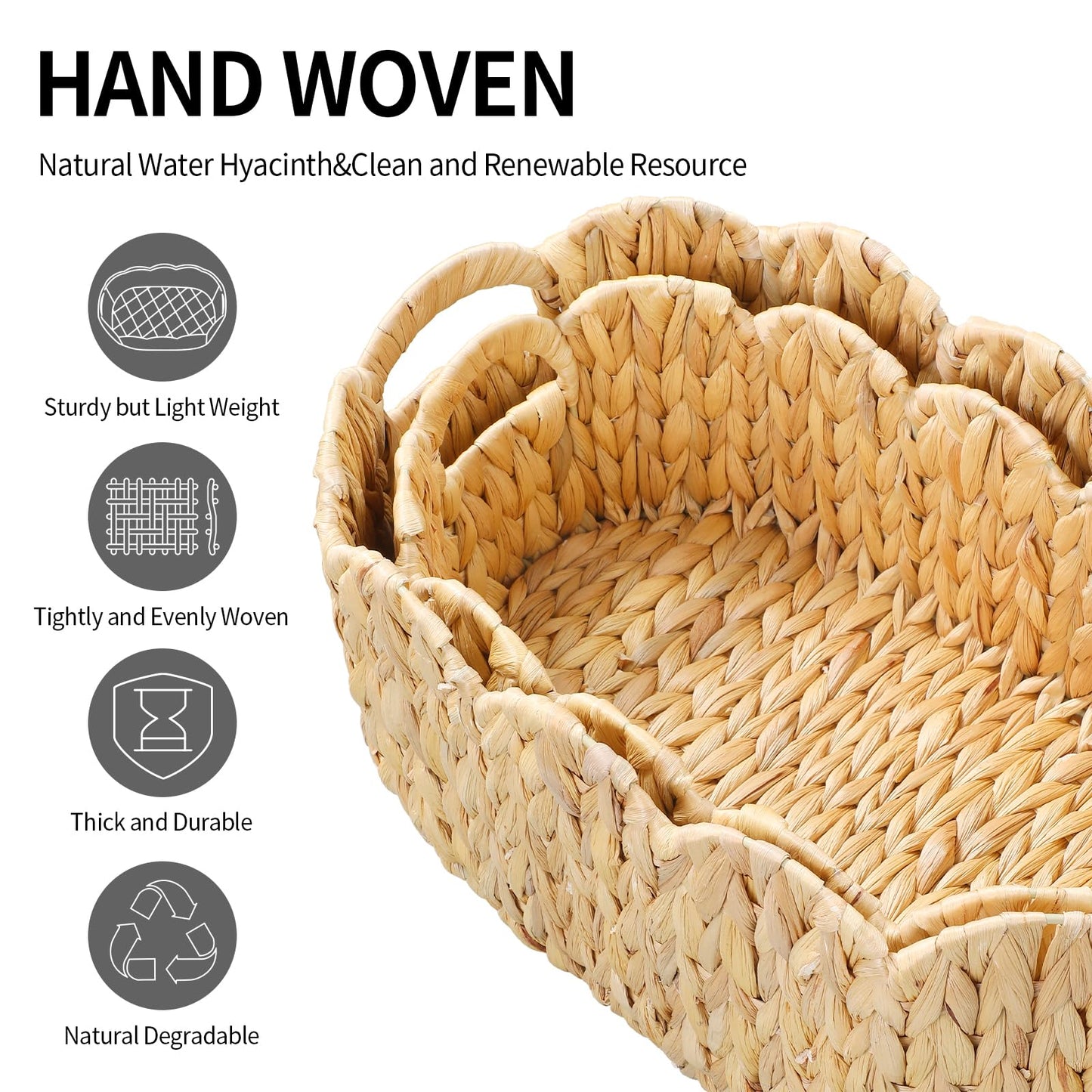 Coeusy Scalloped Basket Set of 2,Water Hyacinth Basket for Organizing and Decor,Hand-Woven Wicker Storage Baskets with Built-In Handles for Nursery,Gift,Laundry