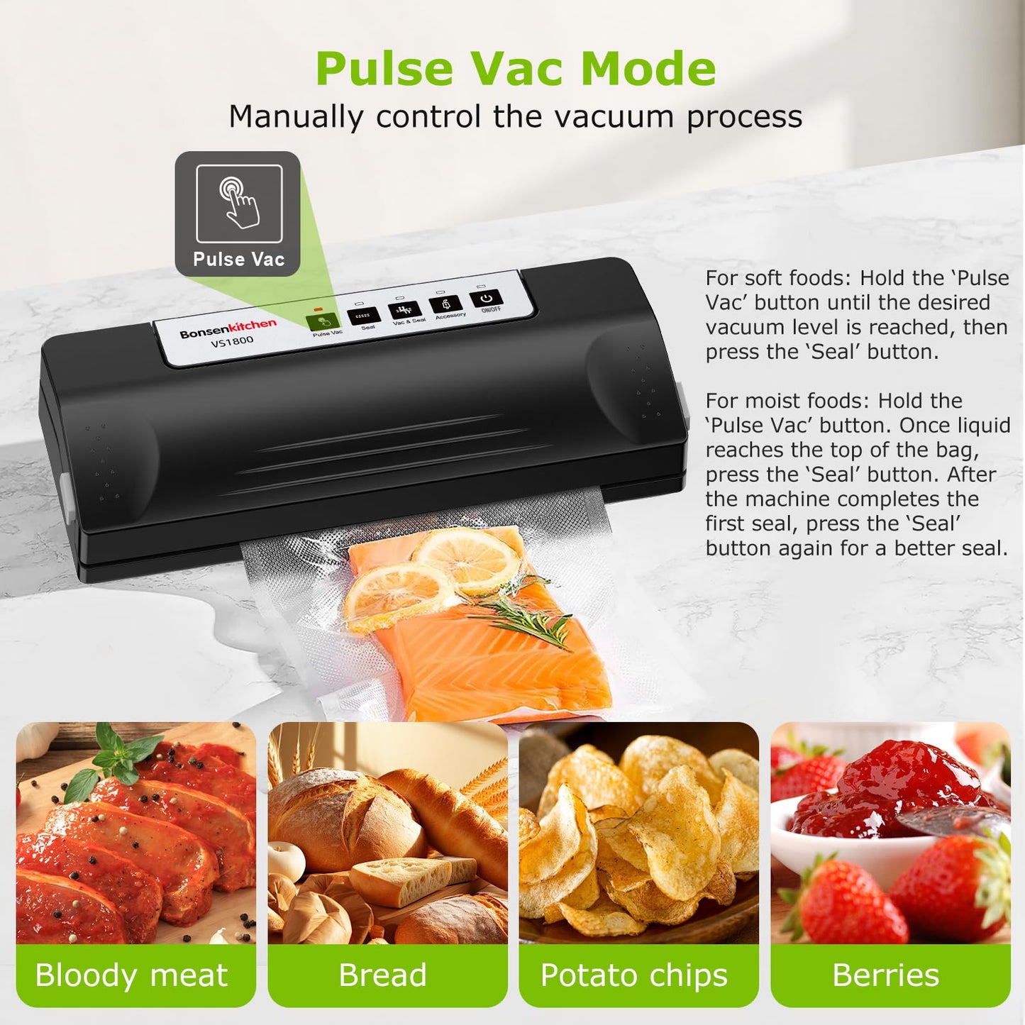 Bonsenkitchen Vacuum Sealer Machine for Food, Multi-Functional Food Sealer, Automatic Operation Mode, Commercial Grade, Compact Design, with 5 Vacuum Bags, Black-Silver