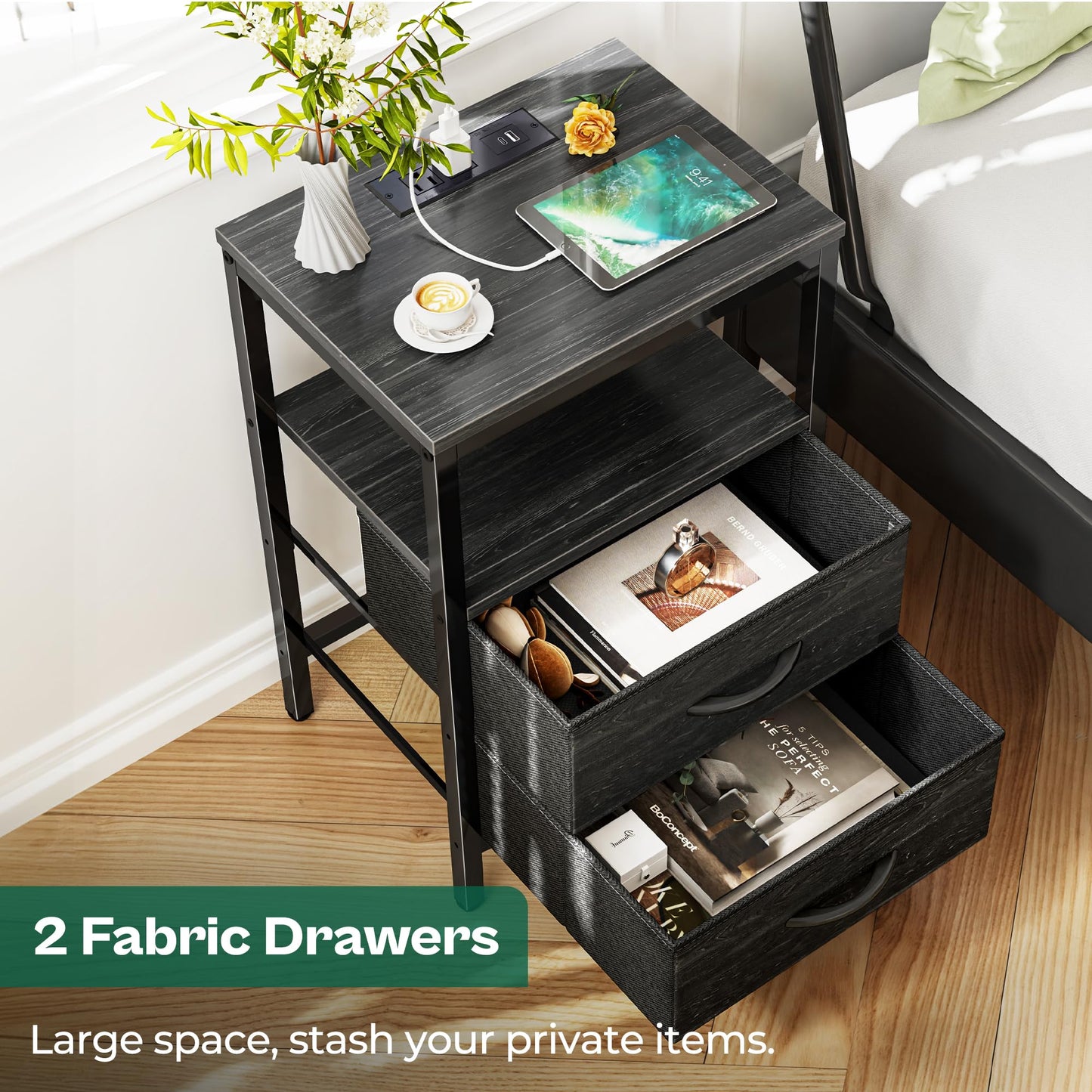 Huuger Nightstand with Charging Station, Fabric Drawers, End Table with Open Shelf, Bedside Table with USB Ports and Outlets, Night Stand for Bedroom, Charcoal Black Wood Grain Print