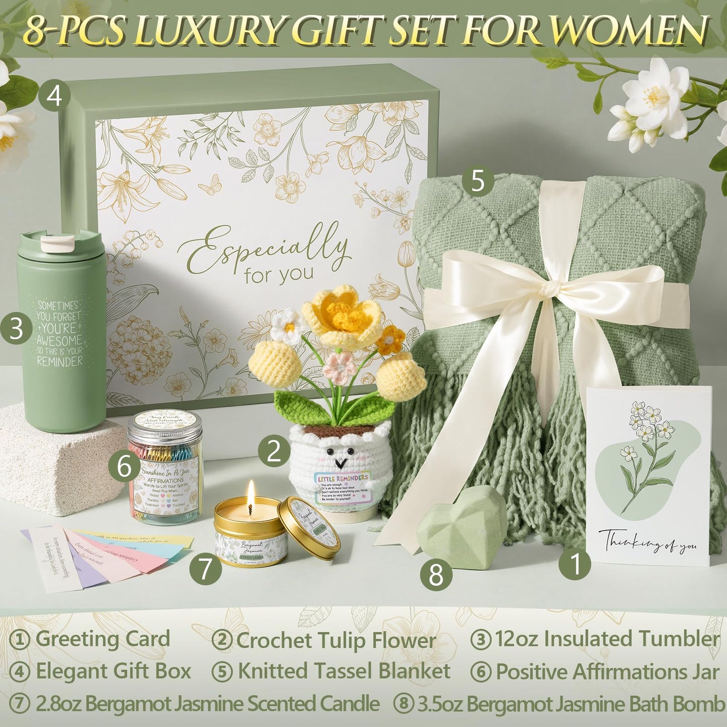 Birthday Gifts for Women Get Well Soon Gift Baskets, Self Care Package for Women w/Crochet Tulip Flower, Spa Sympathy Gift Basket Thinking of You Inspirational Gifts Set for Mom Her Friend Wife Sister