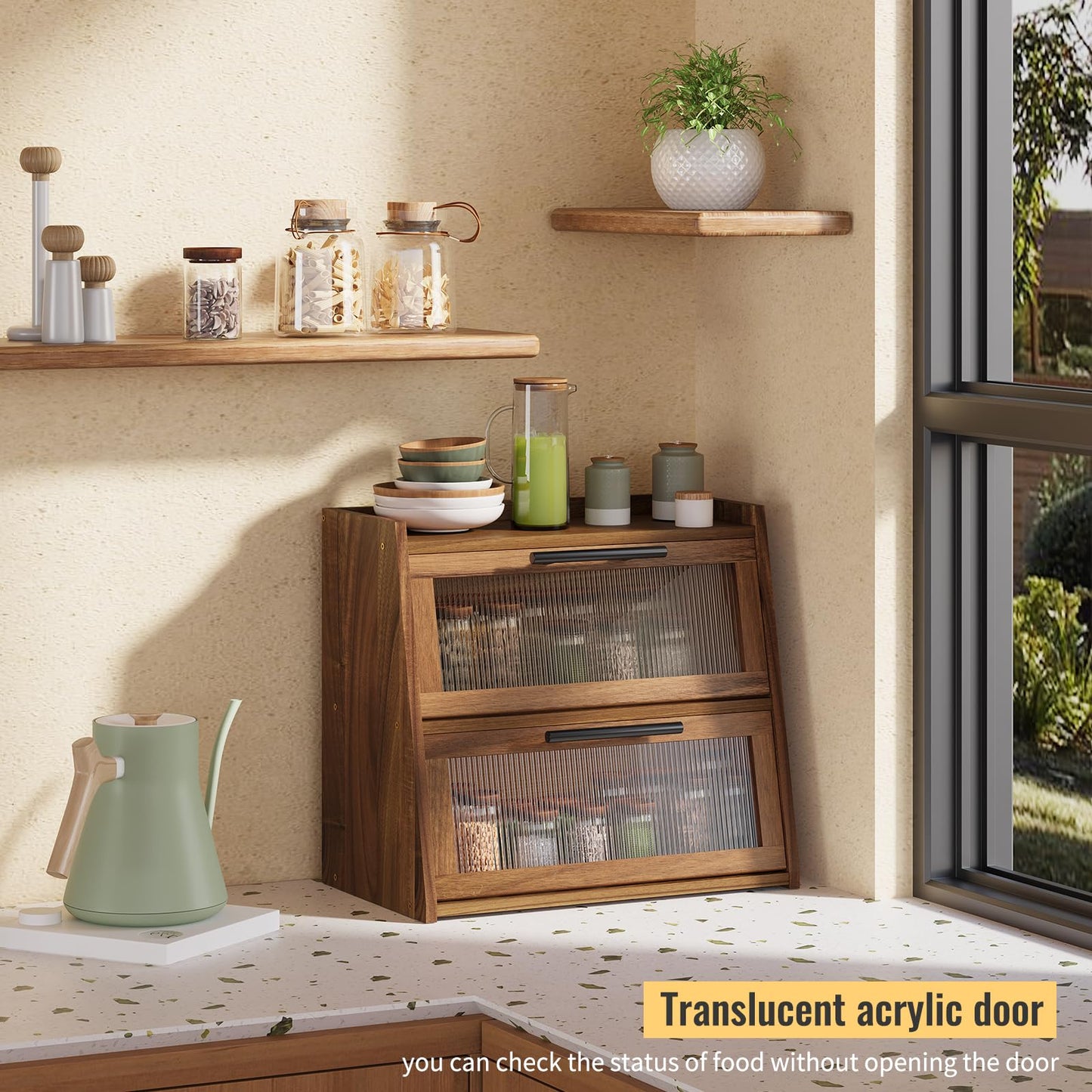 Furshus Bread Box for Kitchen Counter, Wooden Double Layer Bread Storage Container Bin,Bread Holde,Countertop Bread Storage with Window