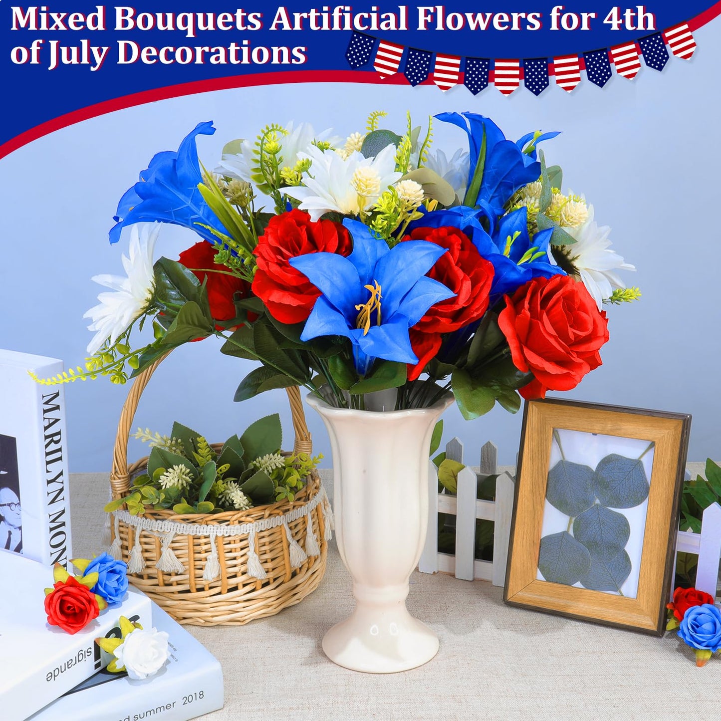 Large 20 Heads Artificial Red White and Blue Flowers Outdoor UV Resistant 2 Bouquets Patriotic Flowers Roses Sunflowers Lilies for 4th of July Decor Veterans Indoor Home USA 250th Anniversary