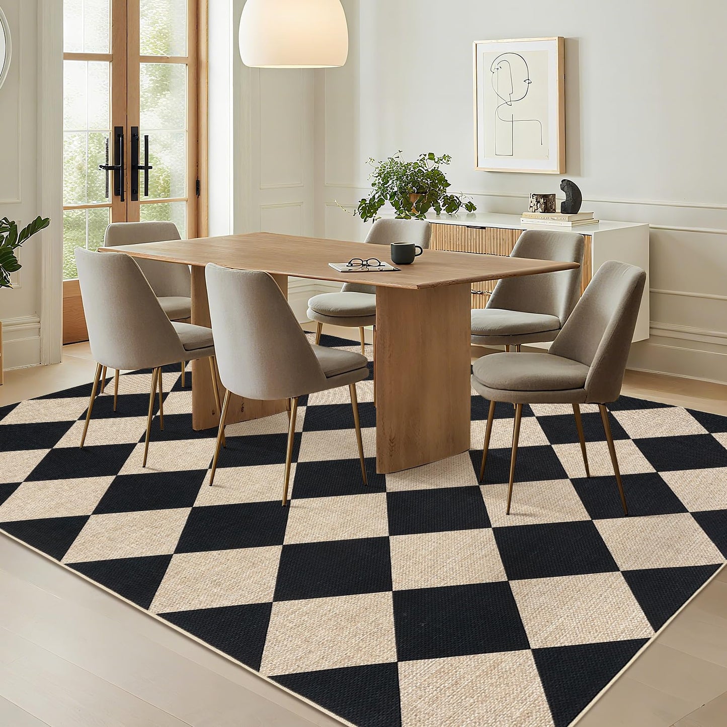 GarveeHome Checkered Easy Jute 5x7 Area Rugs for Living Room Machine Washable Non-Slip Backing Stain Resistant Modern Indoor Outdoor Rugs for Farmhouse Dining Room Patio Black