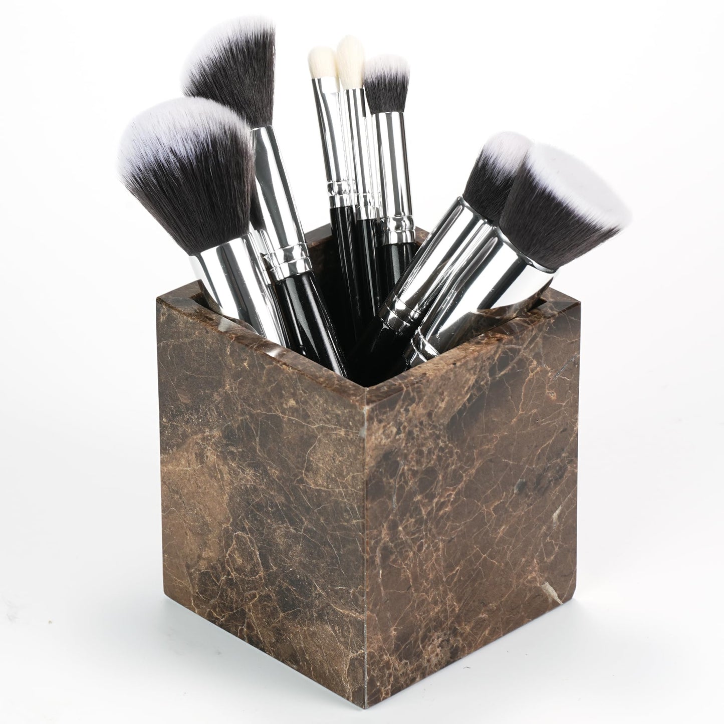 LWALMS Marble Makeup Brush Holder - Brown Candle Toothbrush Cup for Bathroom Accessories, Decorative Pencil Organizer for Office Desk Aesthetic, Stone Utensil Container for Kitchen Countertop
