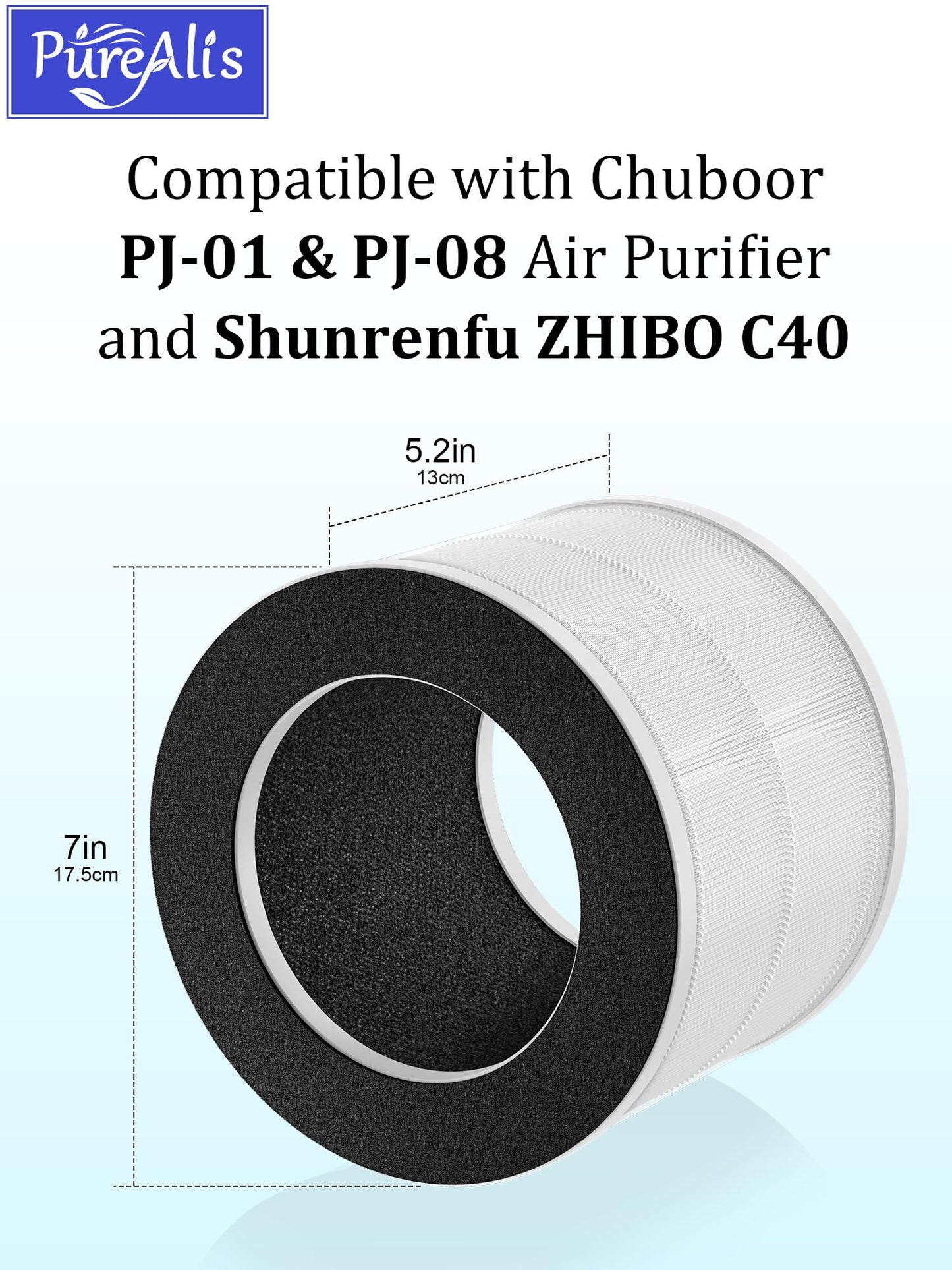 PureAlis PJ-01&PJ-08 Replacement Filter Compatible with Chuboor PJ-01 and PJ-08 Air Purifier, Also Compatible with Shunrenfu ZHIBO C40 Purifier, 3-in-1 Filter with Activated Carbon, 2-Pack
