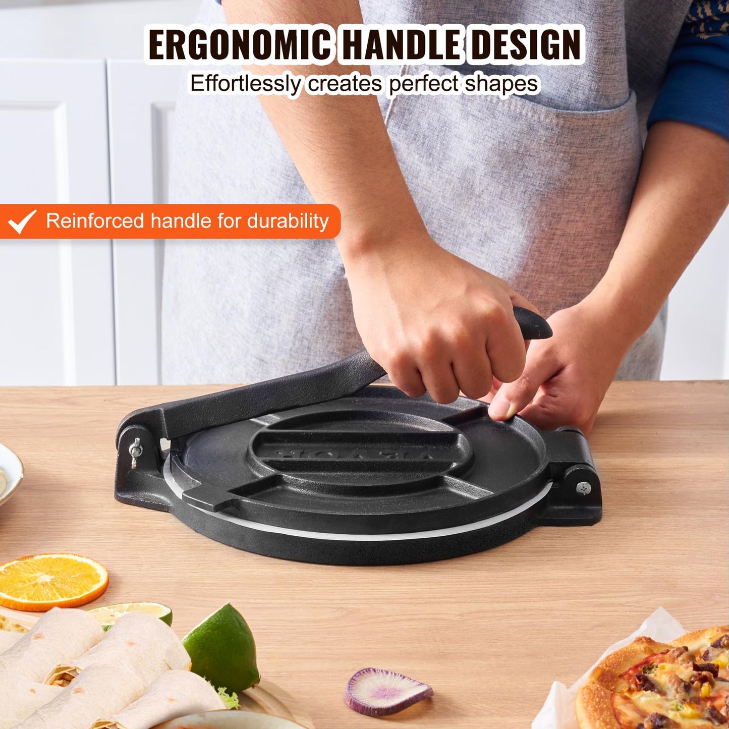 VEVOR Tortilla Press, 10 Inch Tortilla and Roti Maker, Cast Iron Heavy Duty Tortilladora Press, Pre-Seasoned Pataconera with 100 Pcs Parchment Paper, Dough Maker for Flour Tortilla, Tawa