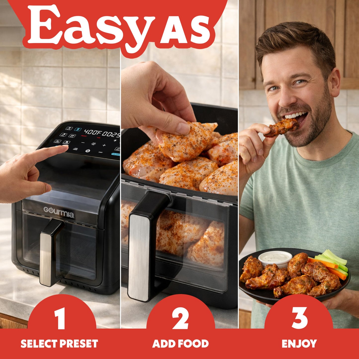 Gourmia Air Fryer 7 QT - Easy View Panorama Window & Interior Light, Guided Cooking with 12 One-Touch Presets, FryForce 360, Dishwasher Safe Accessories, Black