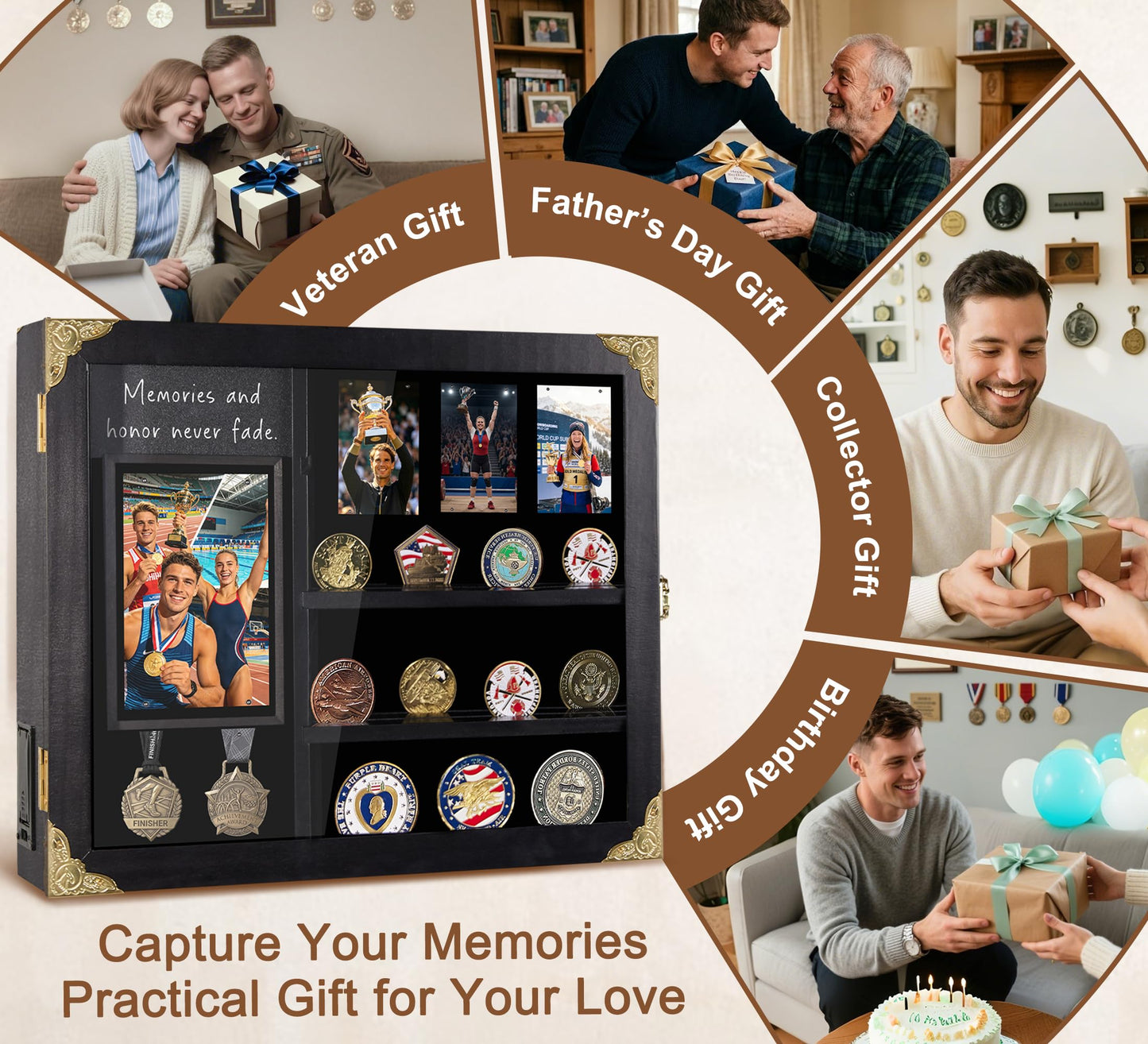 KWYADLUO Challenge Coin Display Case for Gift, Lighted Coin Medal Holder with Photo Frame & Chalkboard, Wall Mount Shadow Box with Removable Shelves, Memorial Gift for Men, Veterans, Collectors, Black