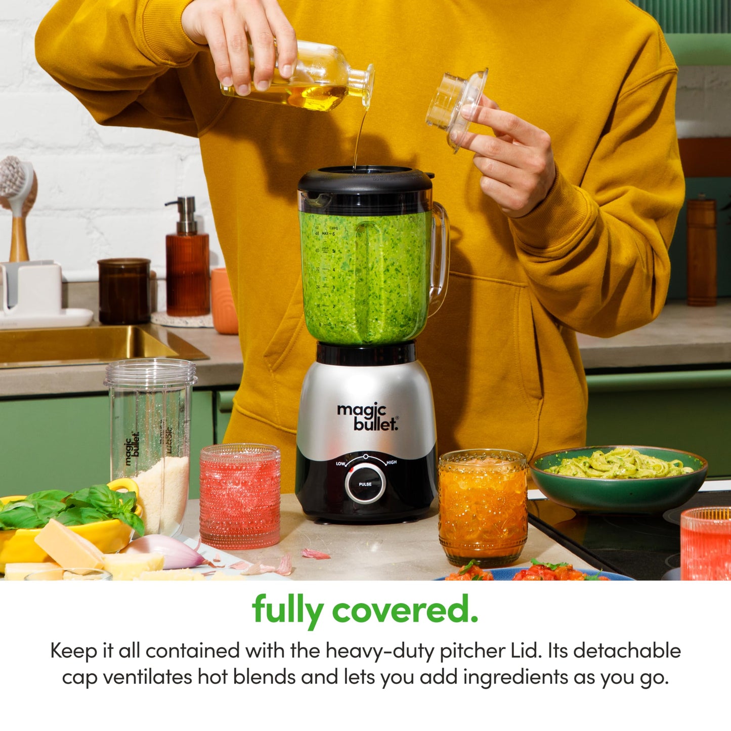 magic bullet Combo Blender, 600W, 48oz Pitcher, 16oz Cup with To-Go Lid, Easy Cleaning, Cross Blade, for Smoothies, Sauces, Shakes, Salsa, Hot Blends, Silver, MBF50200