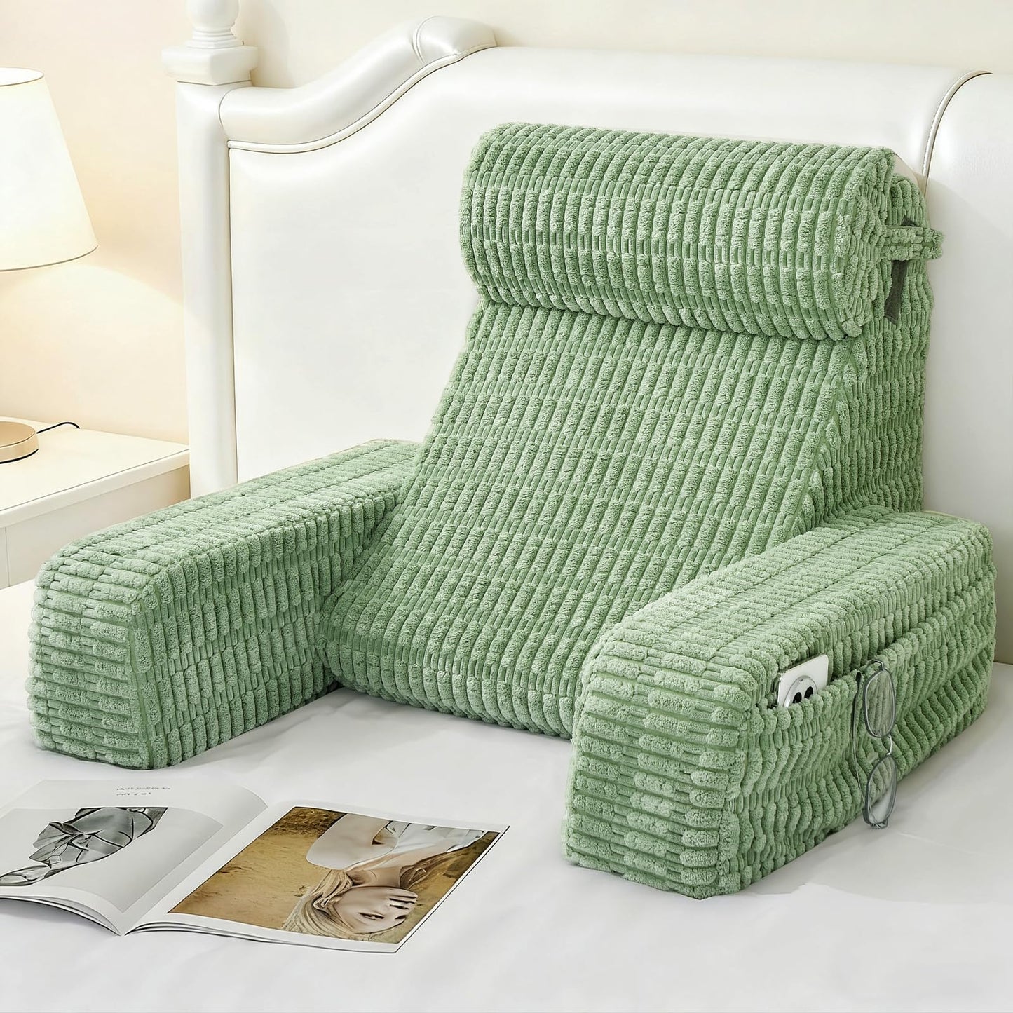 Selectico 19" Reading Pillow for Bed with Built-in Arms & Large Pockets, Supportive Backrest Cushion for Reading, Resting, or Reclining, Washable Cover – Sage Green