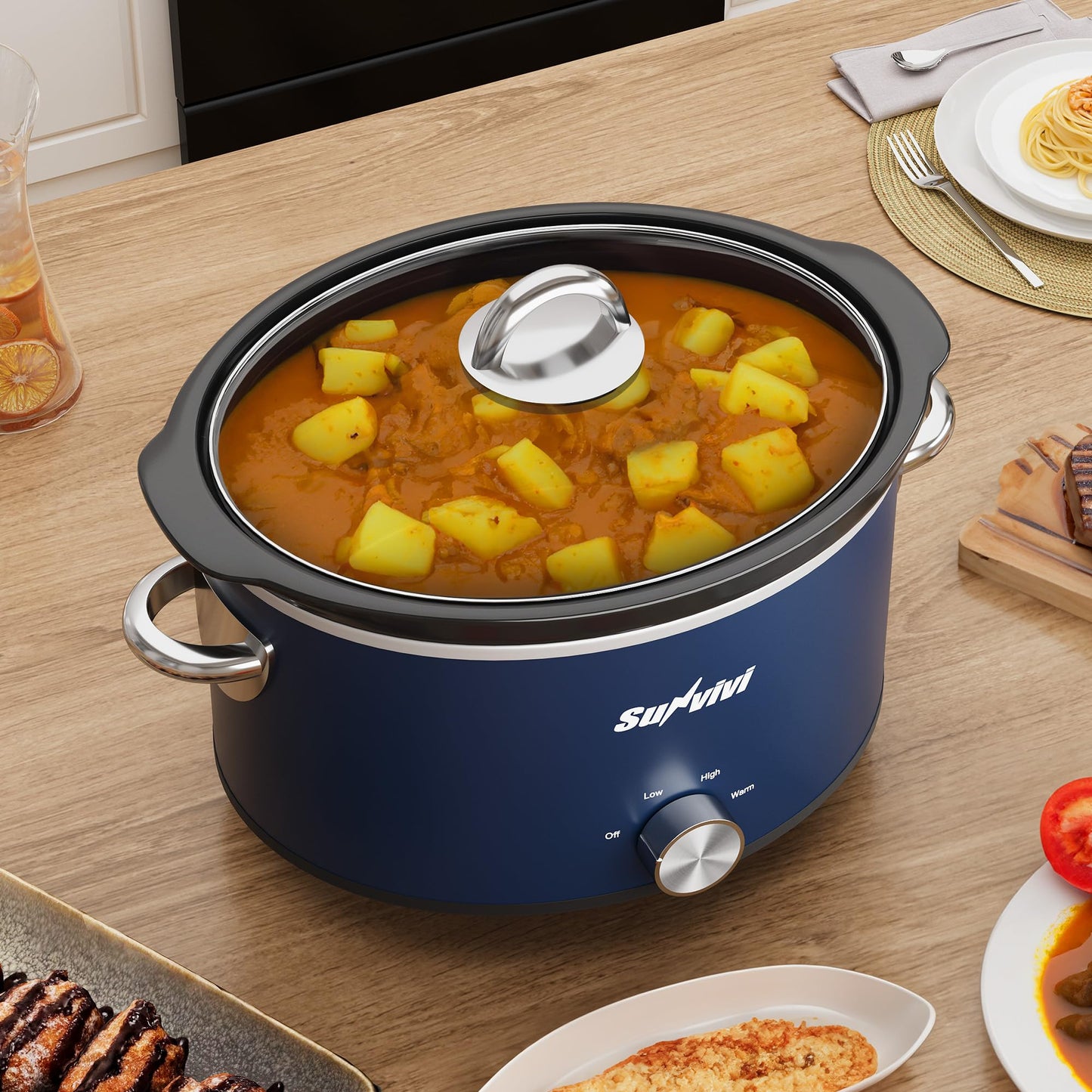 Sunvivi 4 Quart Slow Cooker & Mini Food Warmer with 3 Heating Settings, Removable Ceramic Pot, Dishwasher Safe Glass Lid, Stainless Steel, Blue