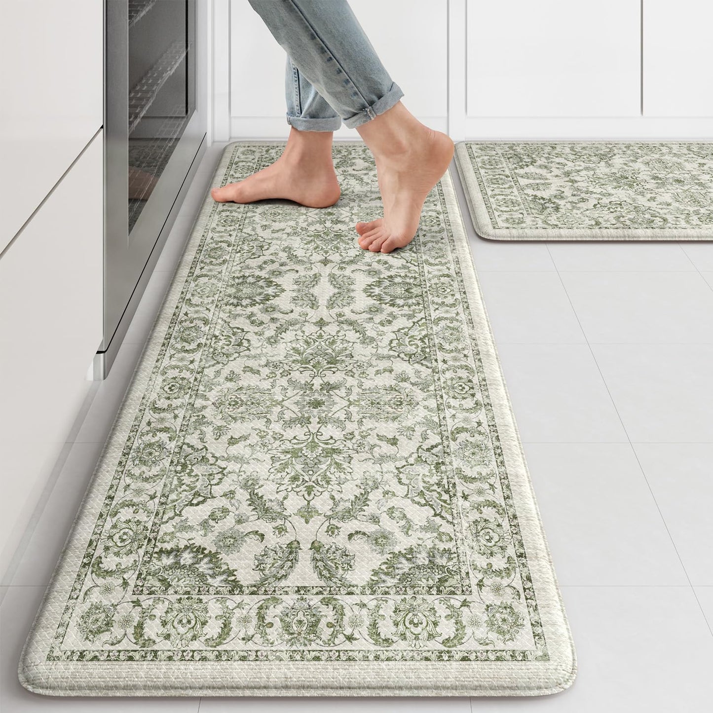 KIMODE Anti Fatigue Kitchen Mat Set, Non Slip Waterproof Kitchen Rug Set of 2, Boho Rugs for Kitchen, Ergonomic Standing Kitchen Sink Mats for Floor, 17"x29.5"+17" x47”, Green