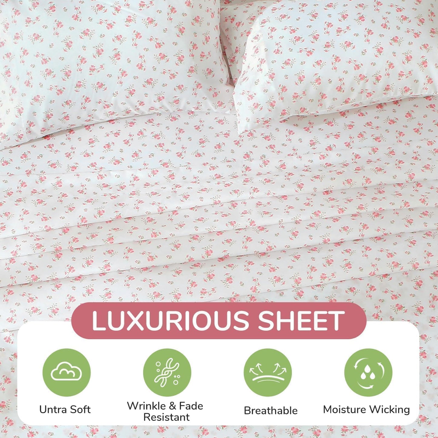 MUXHOMO Queen Size 4 Piece Sheet Set, Soft Breathable Bed Sheet Set for Bedroom with Deep Pocket Up to 16", Wrinkle-Free & Cooling Bedding for Oeko-TEX Certified - Blossoms Pink