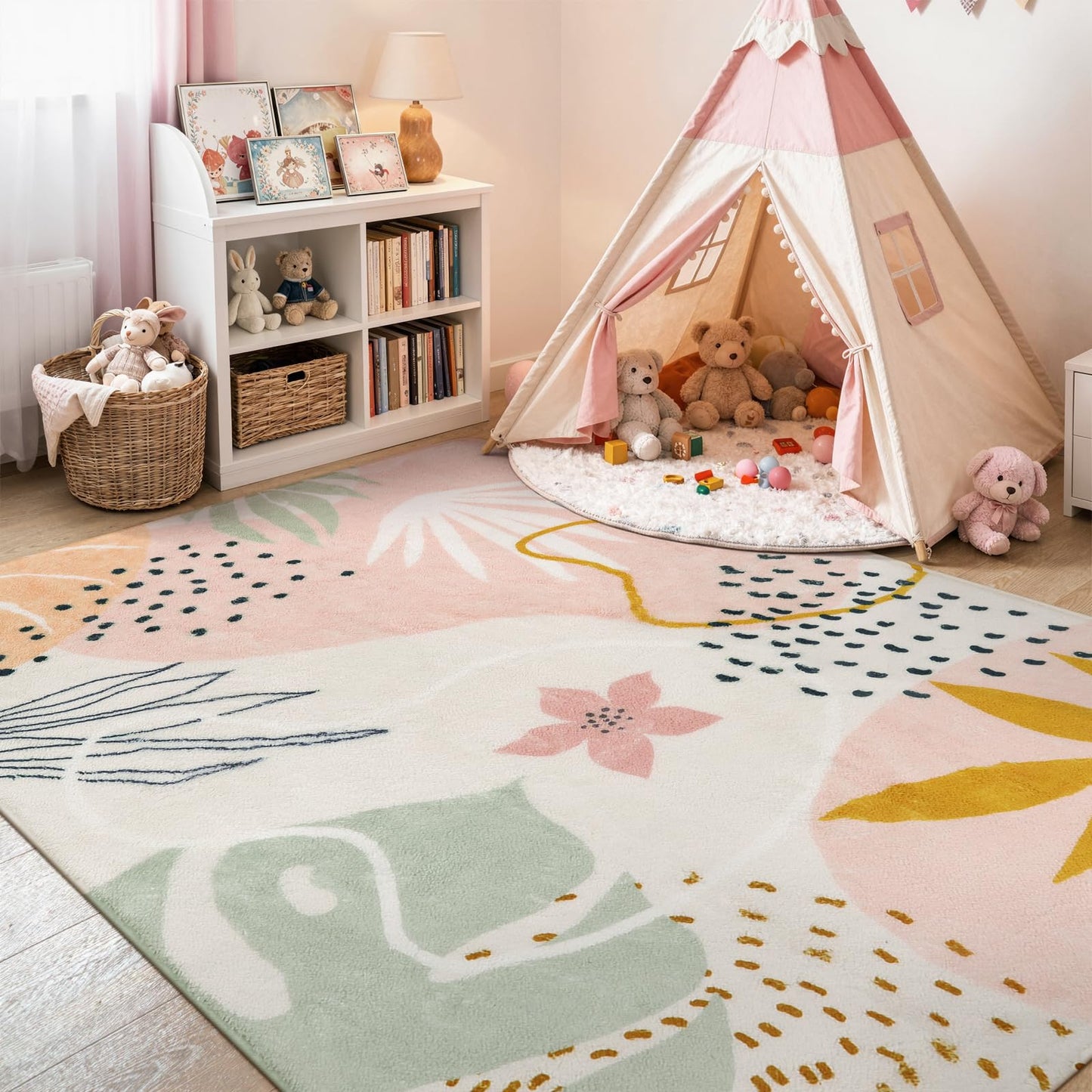Lahome Pink Boho Bedroom Rug 5x7, Washable Non Slip Soft Botanical Area Rug for Cozy Nursery Living Room Apartment Decor