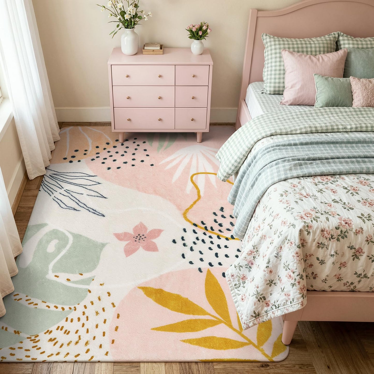 Lahome Pink Boho Bedroom Rug 5x7, Washable Non Slip Soft Botanical Area Rug for Cozy Nursery Living Room Apartment Decor