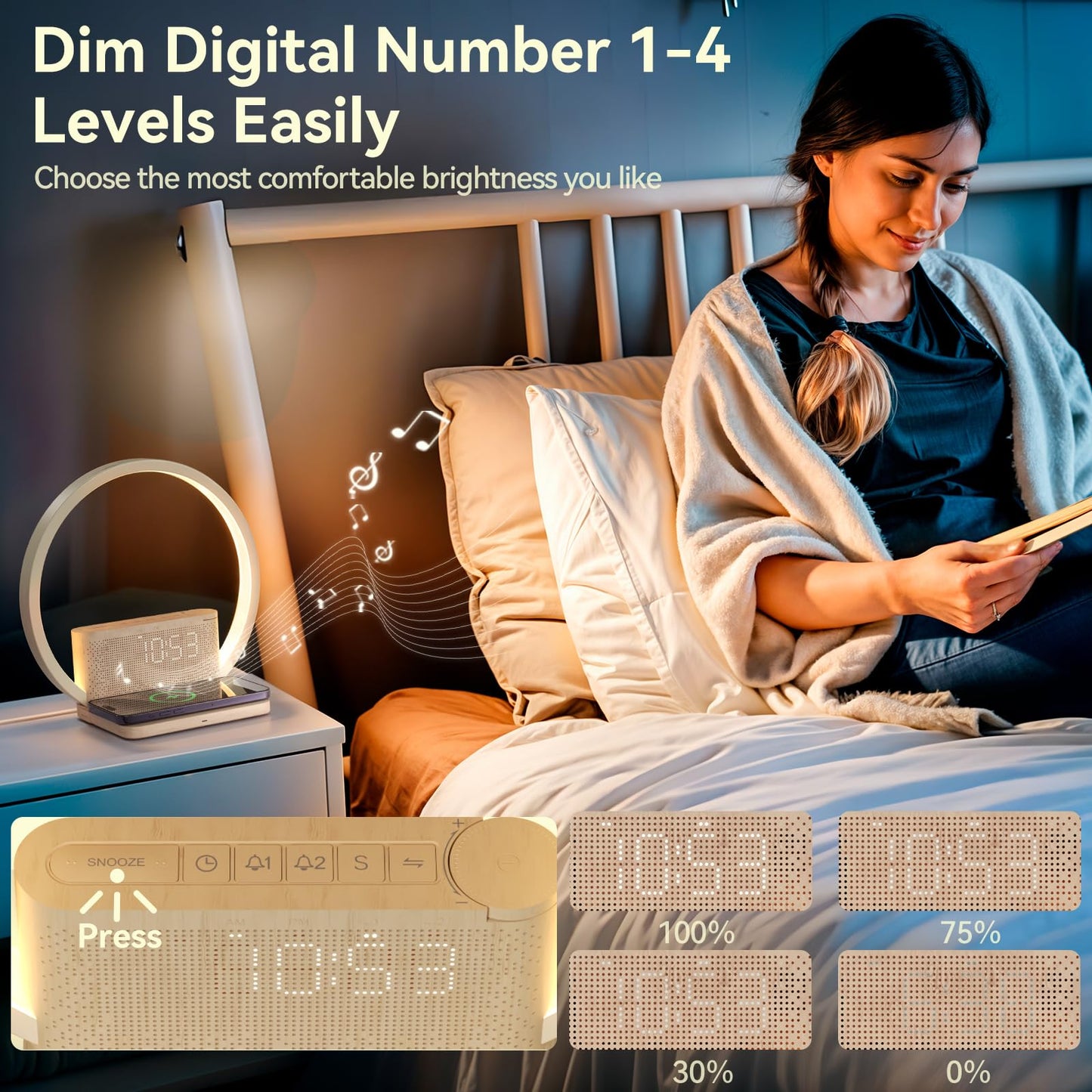 Vivilumens Sunrise Alarm Clock Wireless Charger, 10 White Noise Sound Machine Alarm Clock with 30/60/90 Mins Timer, 3 Levels Touch Night Light Dual Clocks for Heavy Sleeper Bedroom Decor Gift for Her