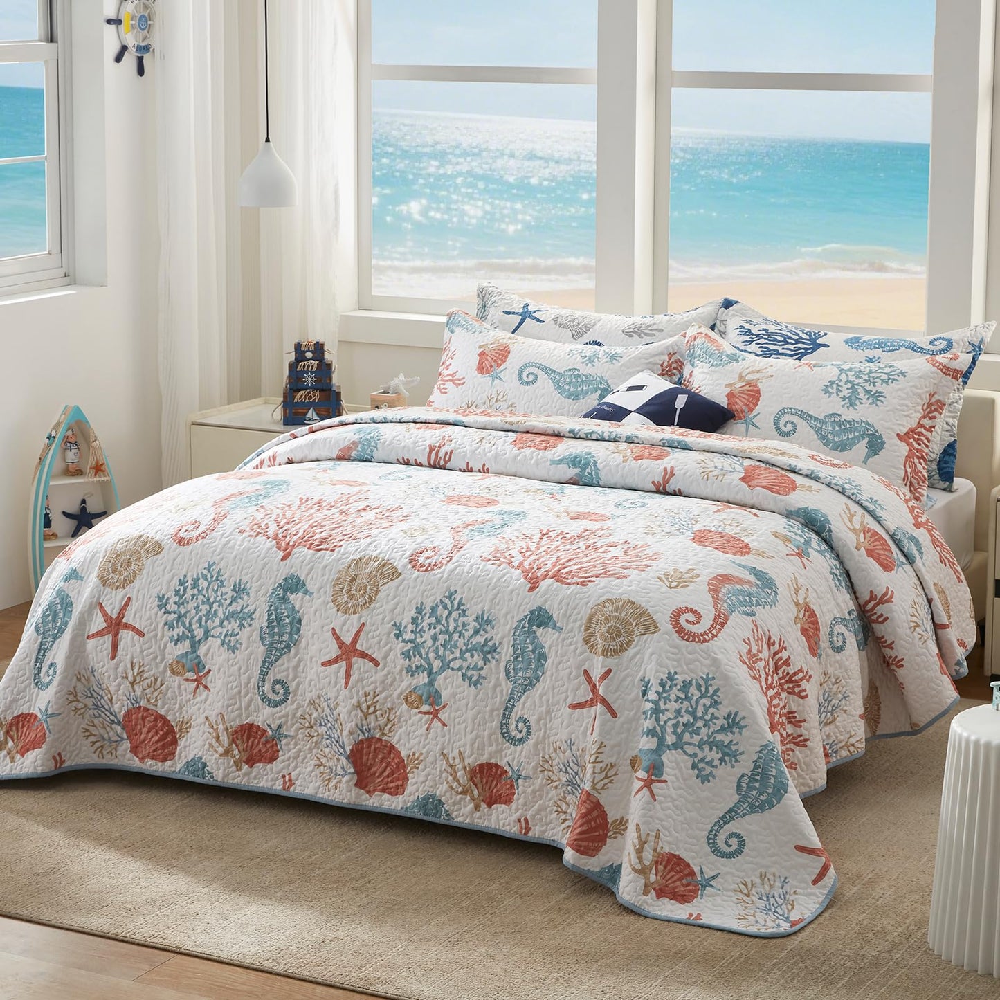 LEAONME Coastal Quilt Set Full/Queen Size - Lightweight Microfiber Reversible Bedspread, 90''x98'', Coral, Includes 2 Shams