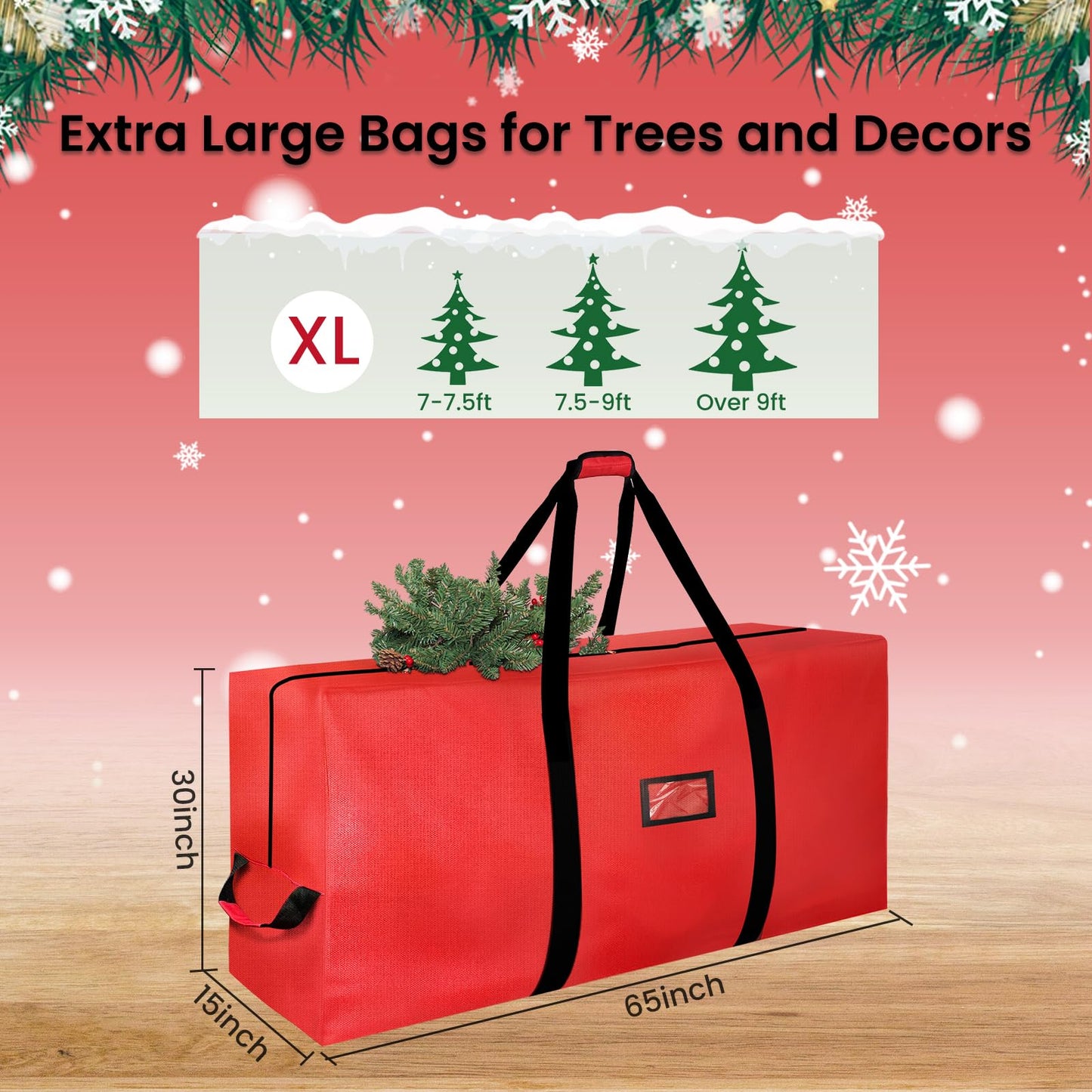 Christmas Tree Storage Bag, 9FT Large Christmas Tree Bag 600D with Reinforced Handles, Heavy Duty 9 Foot Tree Bags for Storage Waterproof Xmas Tree Box, Dual Zippers, Wide Opening, Red