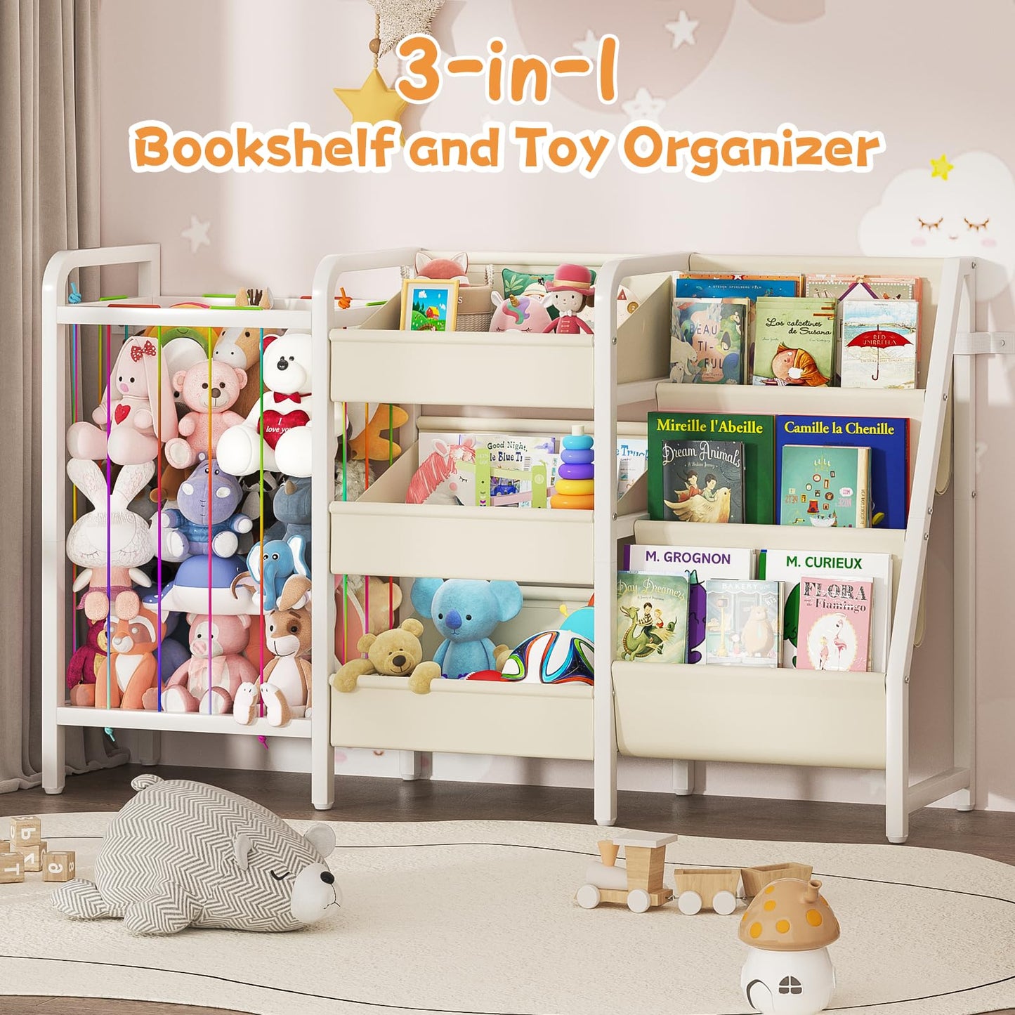 CYXPHION B2 Kids Bookshelf and Toy Storage, 3 Tier Book Shelf for Kids Rooms, Sling Toddler Bookshelf with Stuffed Animal Storage, Montessori Baby Bookcase for Nursery, Bedroom, Playroom, White