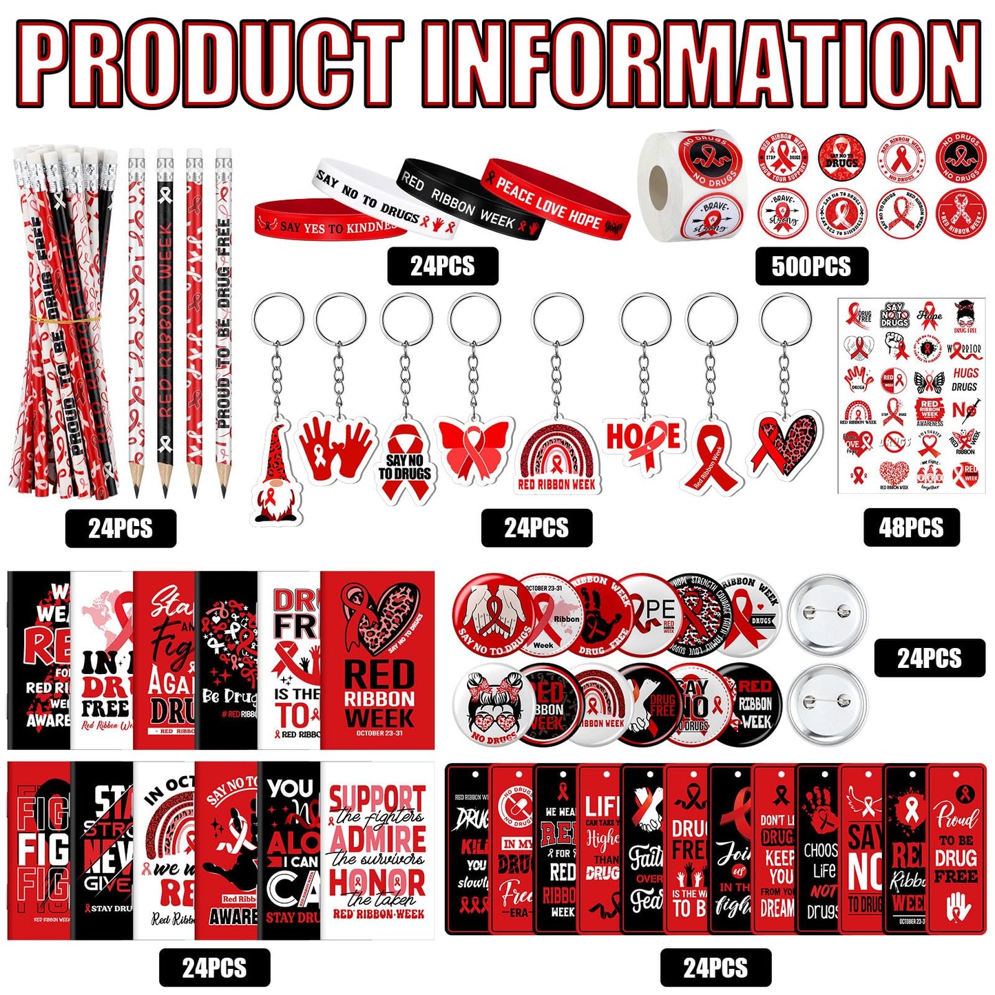 24 Sets Red Ribbon Week Supplies Bulk Include Red Ribbon Awareness Pin Notebook Bookmarks Drug Free Keychain Silicone Wristbands Pencils Stickers Tattoos for Student Teenage Say No to Drugs Event Gift