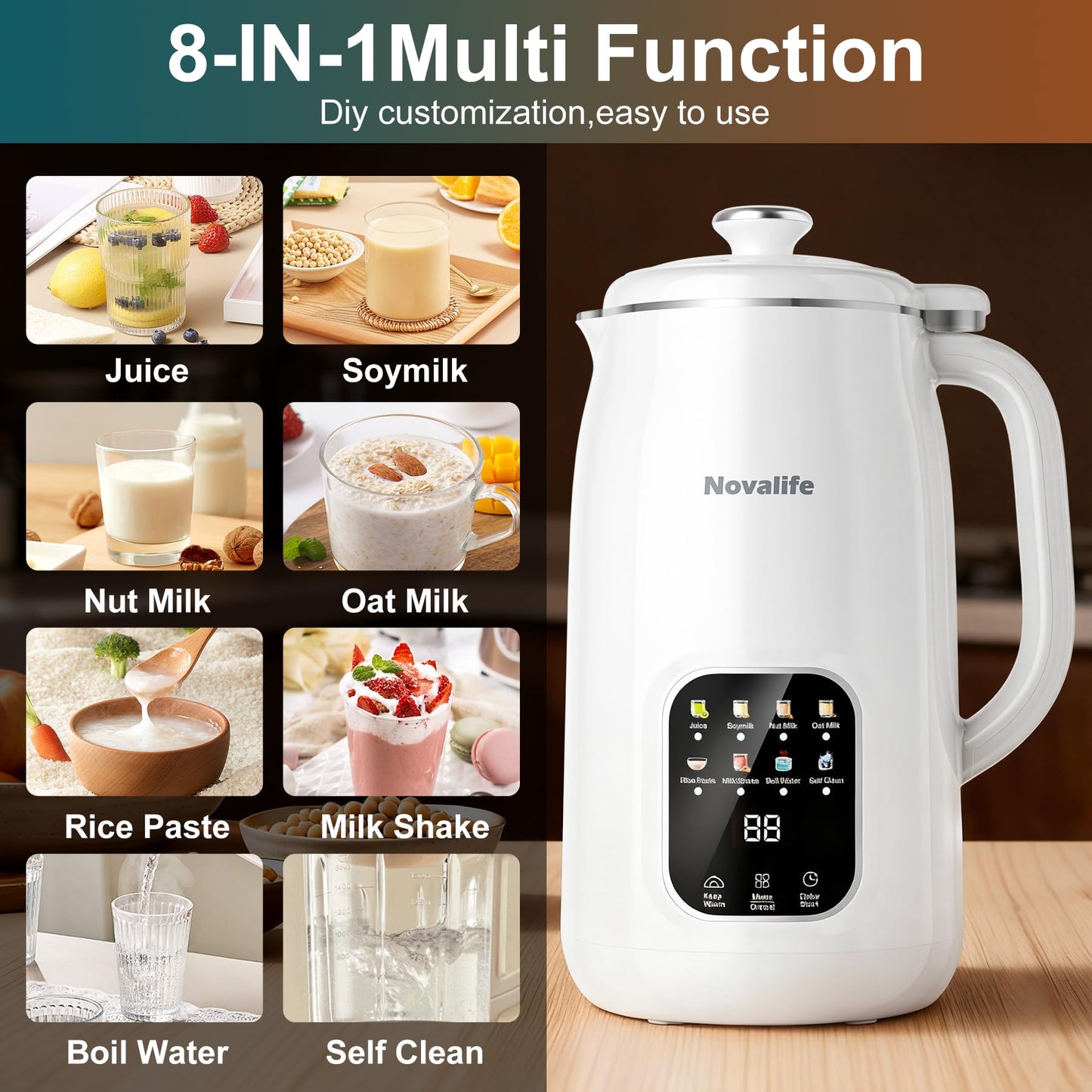 8 in 1 Nut Milk Maker Machine, 40oz Automatic Soy Milk Maker Blender, Homemade Soy Milk, Oat Milk, Almond Milk, Juice, Plant Based and Non Dairy Beverages, 12H Delay Start/Keep Warm/Self Cleaning