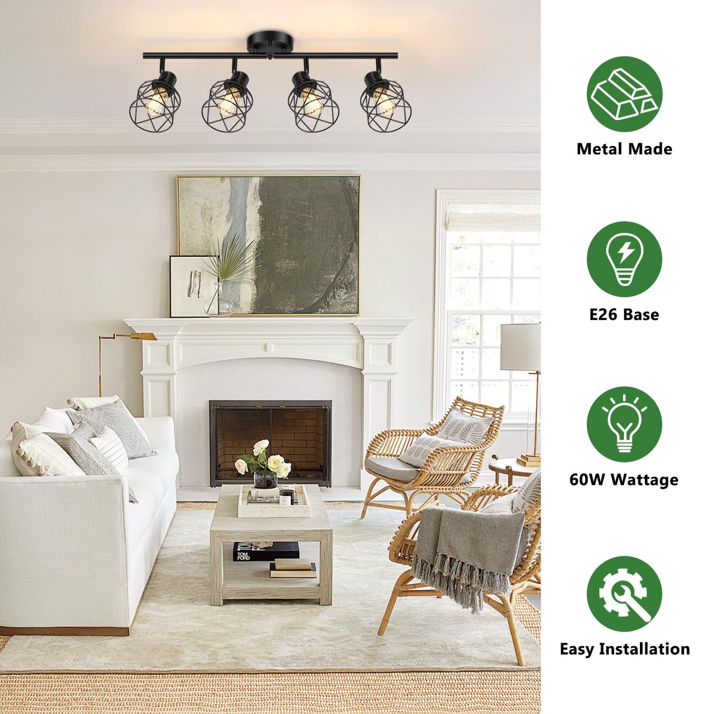 Baocuz 4-Lights Semi Flush Mount Ceiling Light, Adjustable Multi-Directional Light Fixtures, Rotatable Farmhouse Light Fixtures Mount with Metal Cage for Dining Room, Living Room