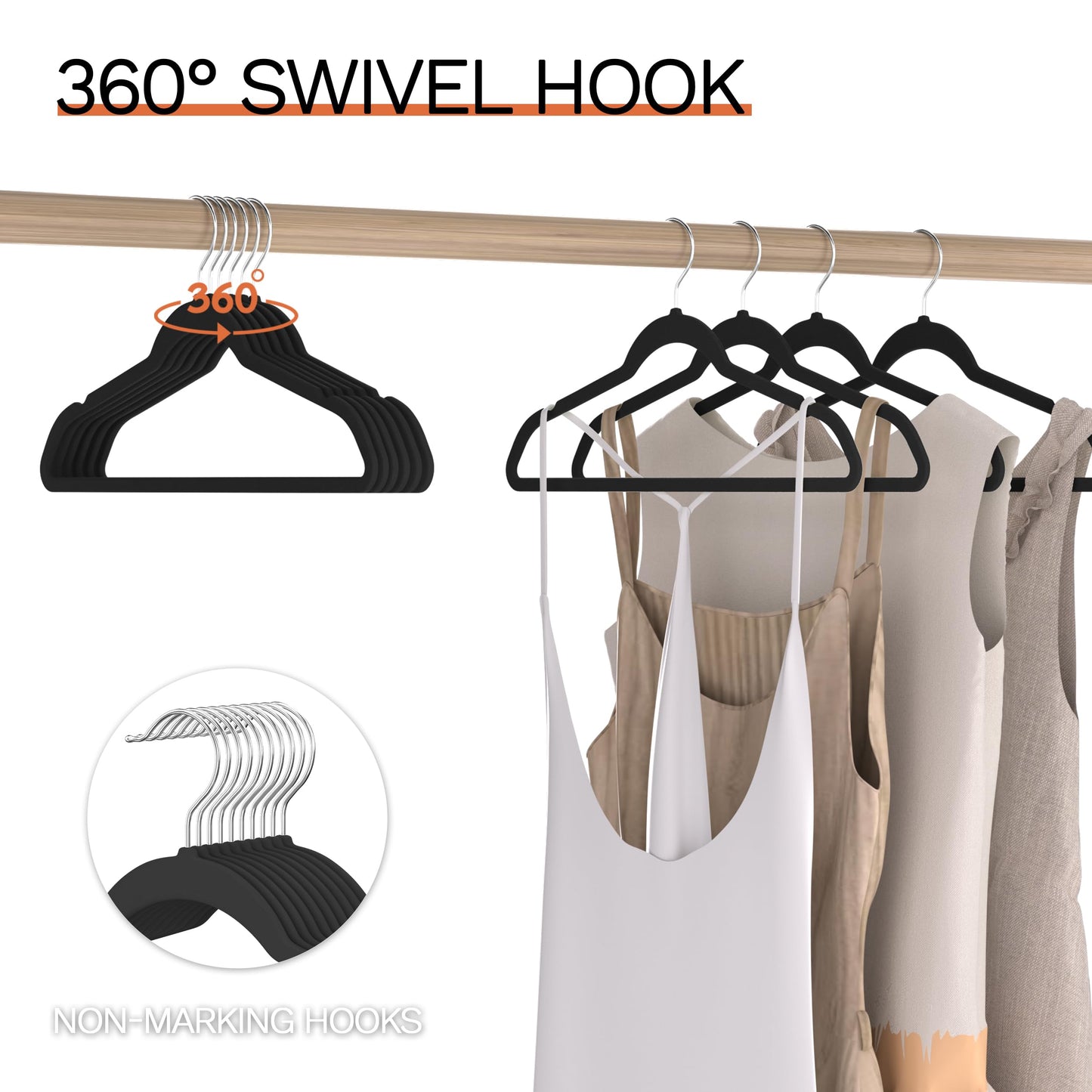 MLKJHHI Black Velvet Hangers 60 Pack, Slim Space Saving Suit Hangers for Closet Organizer, Rotating Silver Hook, Non Slip Clothes Felt Hanger Heavy Duty for Coat,Shirt, Pants, Camisole, Dress