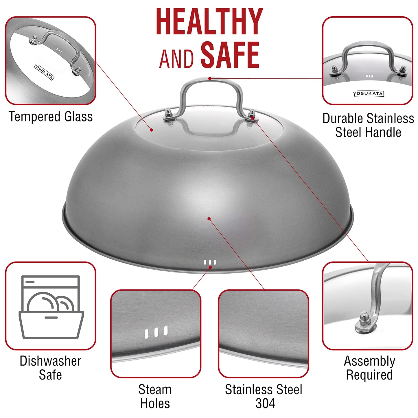 YOSUKATA Wok Lid 12.8 In for 13.5-In Wok - Premium Stainless Steel Cover with Tempered Glass Insert Steam Holes and Ergonomic Handle - Durable Stainless Steel Accessories - Dishwasher-Safe