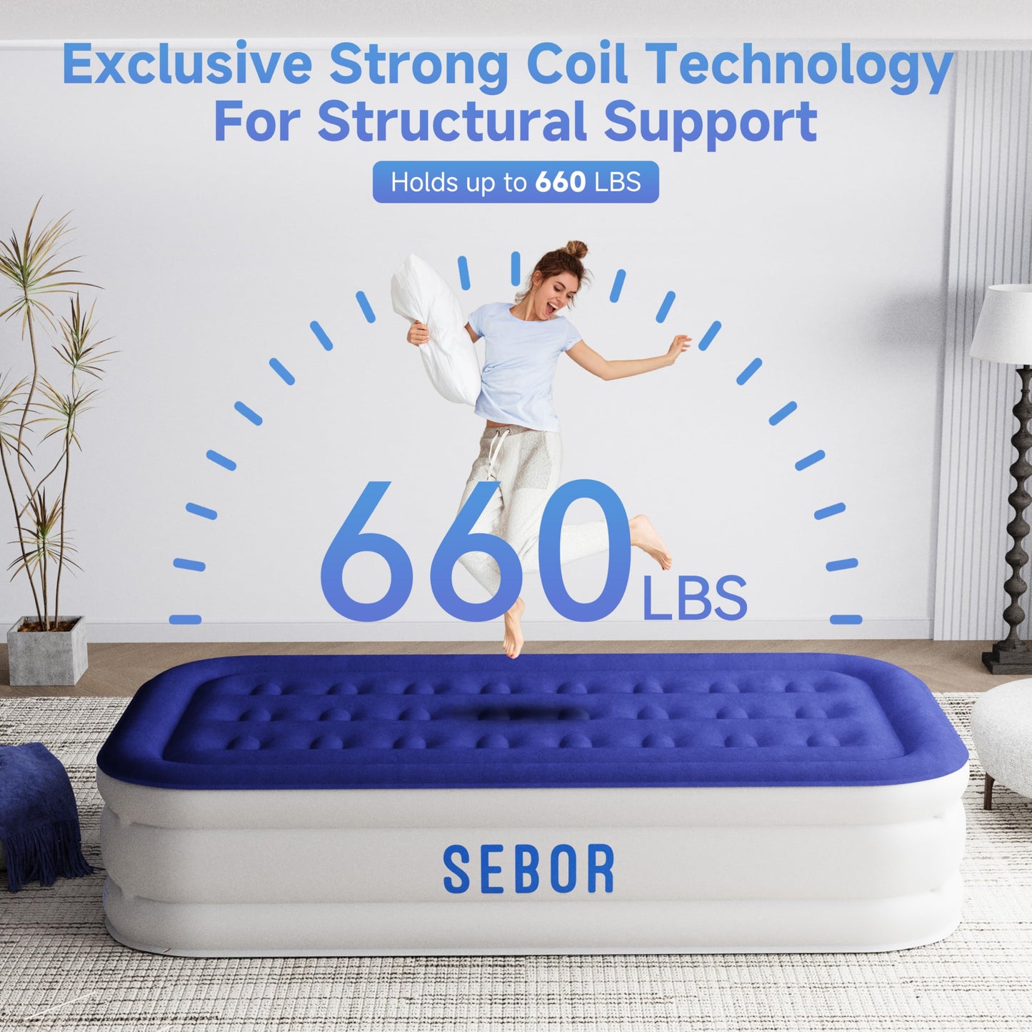 Sebor Air Mattress Twin with Built-in Pump 18", Comfortable Self-Inflating Air Mattress with High-Speed Pump, Durable Blow Up Mattress Twin with Storage Bag for Guests, Camping, Travel
