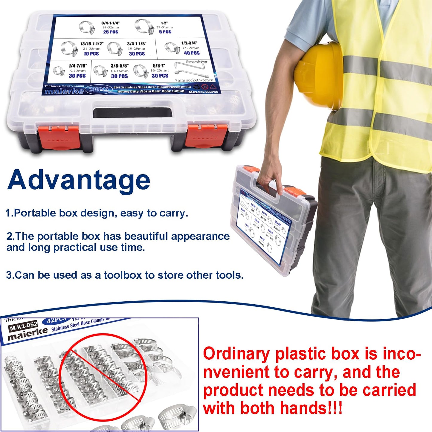 maierke 200PCS Stainless Steel Hose Clamps Assortment Kit,Metal Adjustable 1/4"-2"(6-51mm) Worm Gear Hose Clamp Heavy Duty Small Hose Clamps for Automotive,Radiator Pipe,Plumbing,Fuel Line