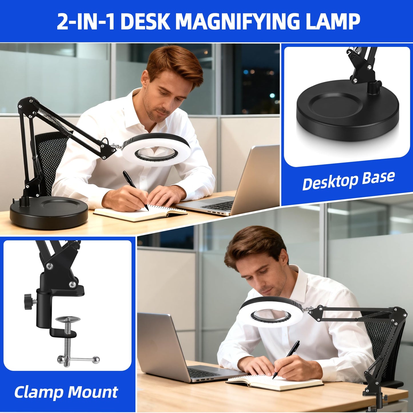 Akynite 12X Magnifying Glass with Light and Stand, 144 LED Real Glass Magnifying Desk Lamp with Base and Clamp, 5 Color Modes 9-Level Dimmable Lighted Magnifier Hands Free for Crafts Sewing Close Work