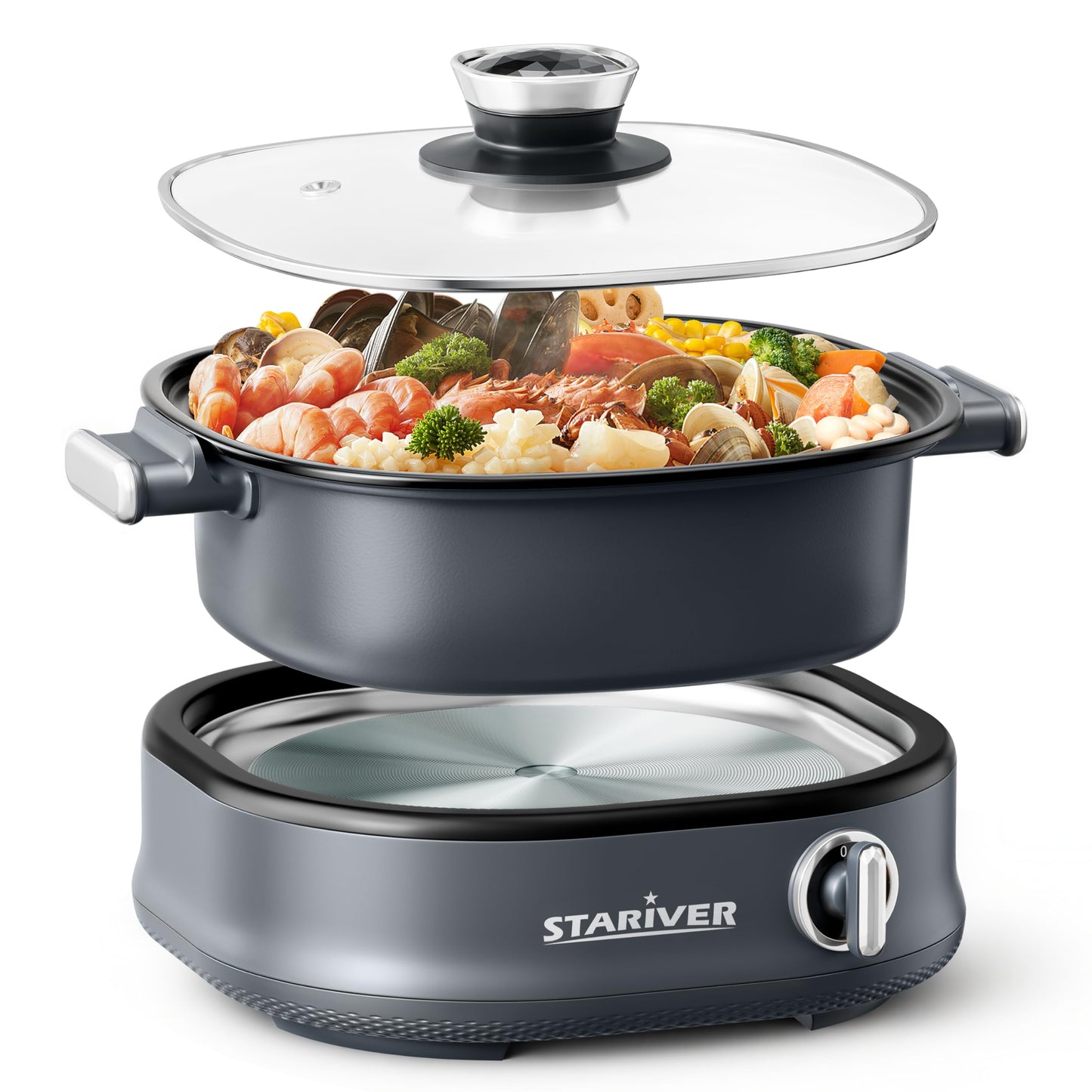 Stariver 3L Non-Stick Hot Pot Electric with Dual-Power Control,Electric Shabu Shabu Pot with Removable Pot, Electric Pot with Tempered Glass Lid for Party, Family Gathering（Silver）