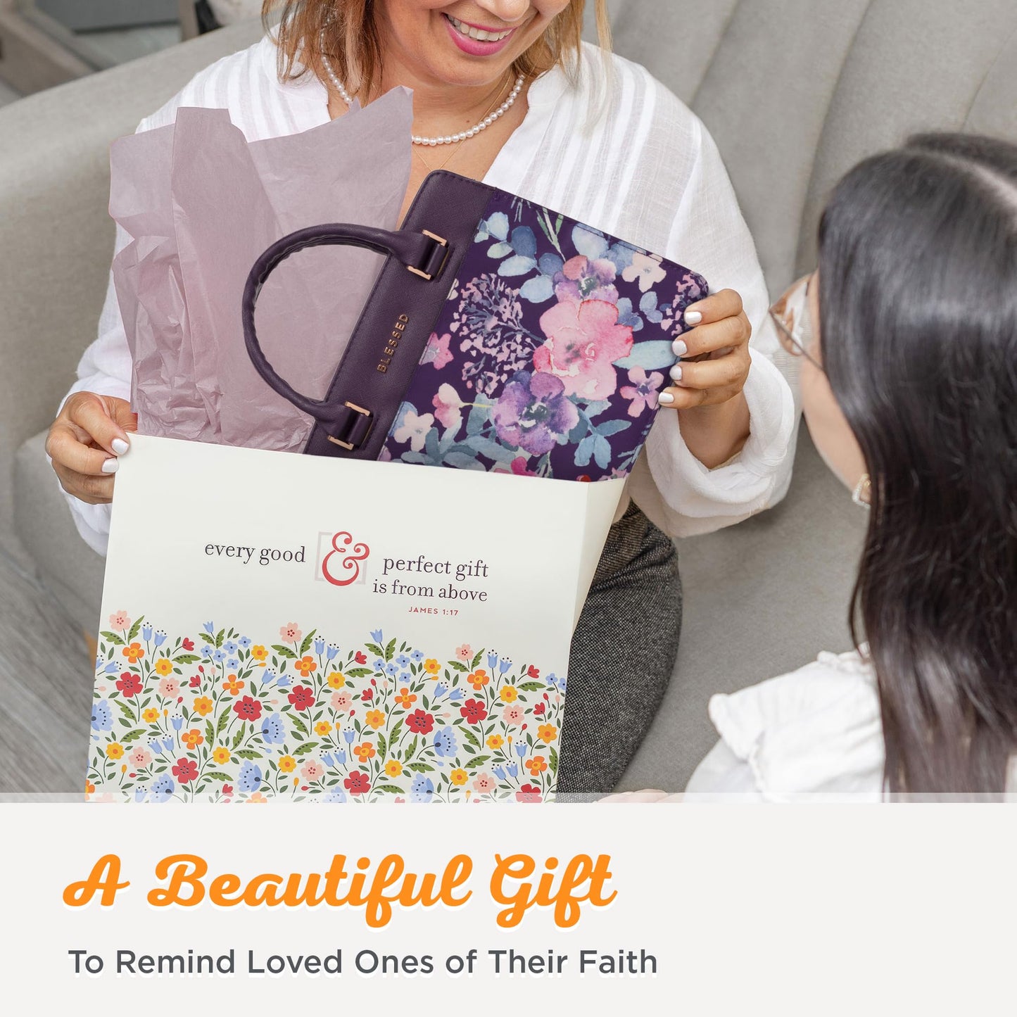 Christian Art Gifts Women's Fashion Bible Cover Purse Style Blessed, Purple Floral Faux Leather, Large