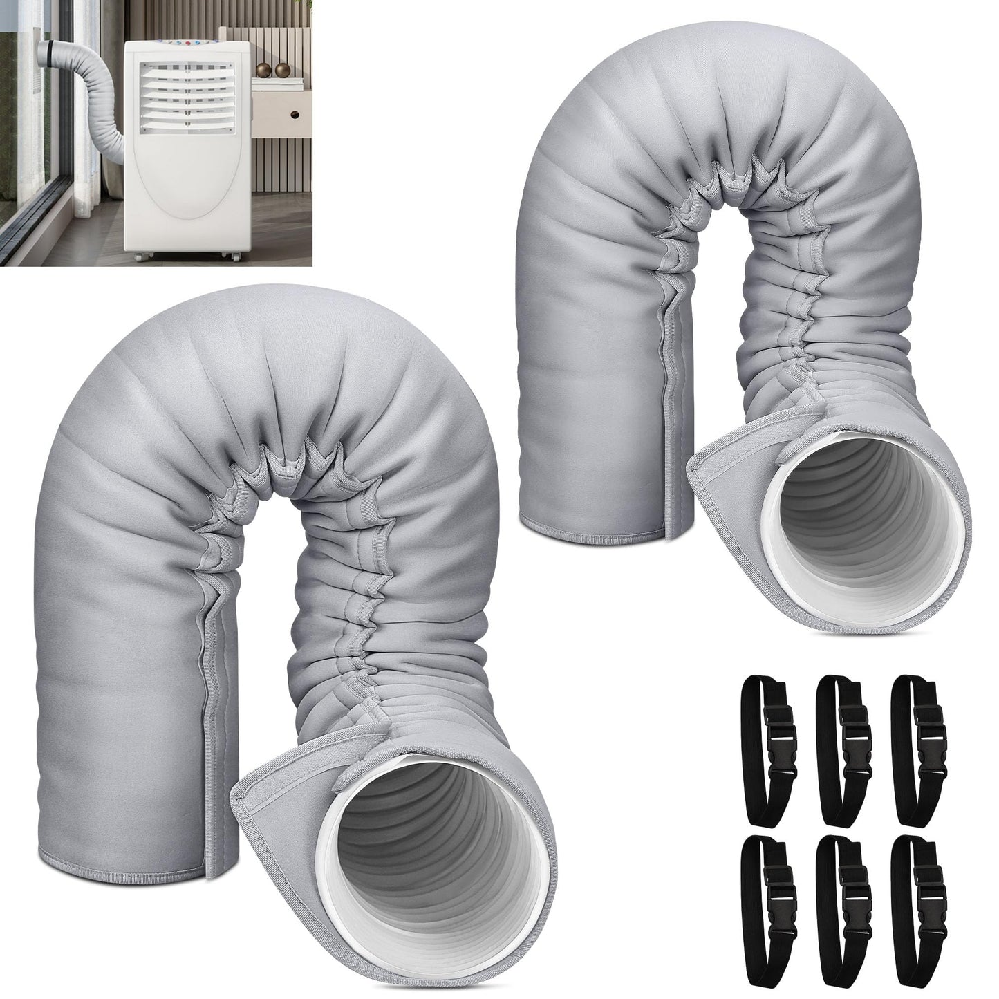 Portable AC Hose Insulation Sleeve Set of 2, Portable Air Conditioners Insulated Hose Cover Wrap, Fit 5" & 5.9" Diameter Exhaust Hose, Easy Installation with 6*Adjustable Buckle Straps, Light Gray