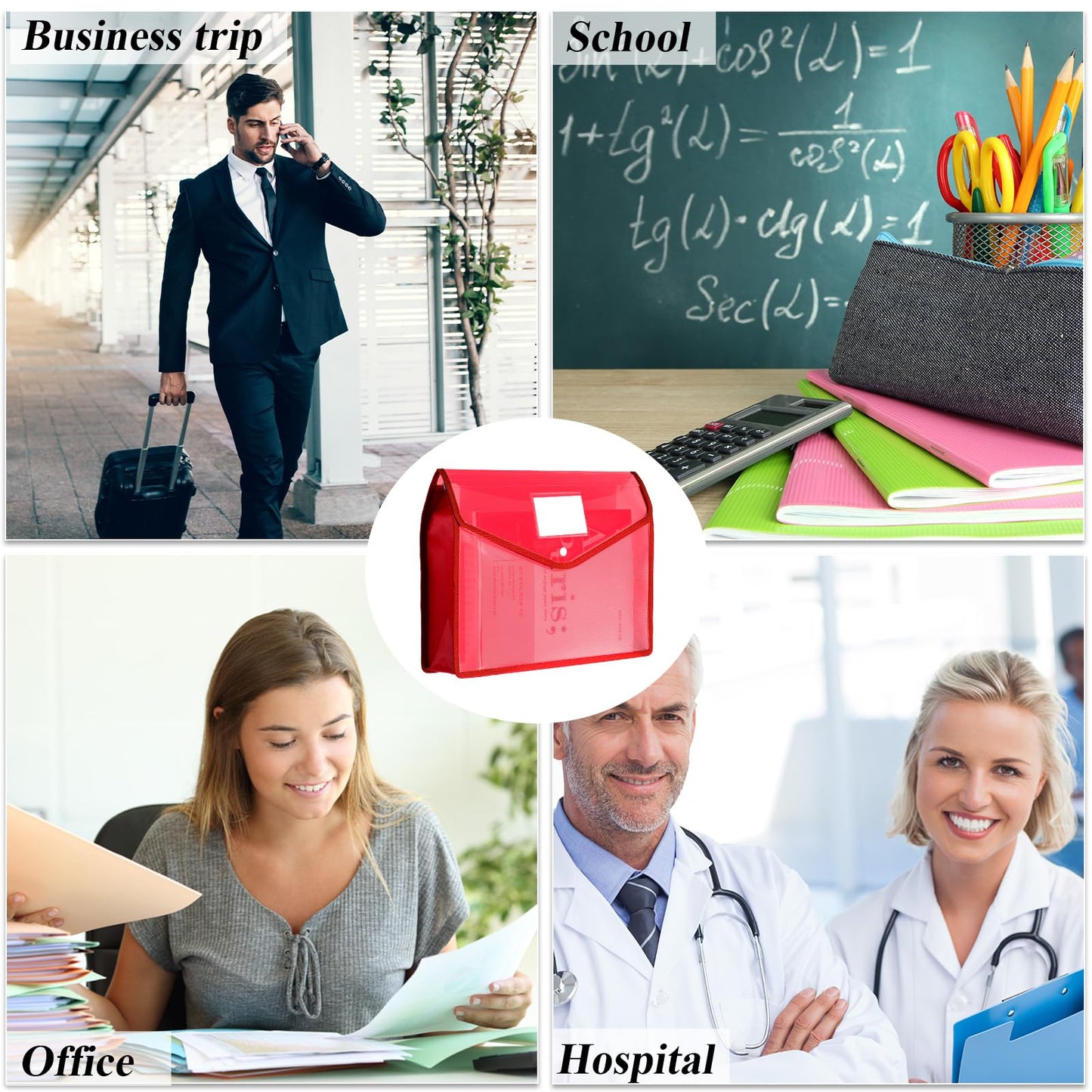 10 Pieces Plastic File Folders Envelope Expanding File Wallet Organizer Documents Folder with Snap Closure and Pocket, A4 Size Waterproof Transparent Pouch(Red,Horizontal)