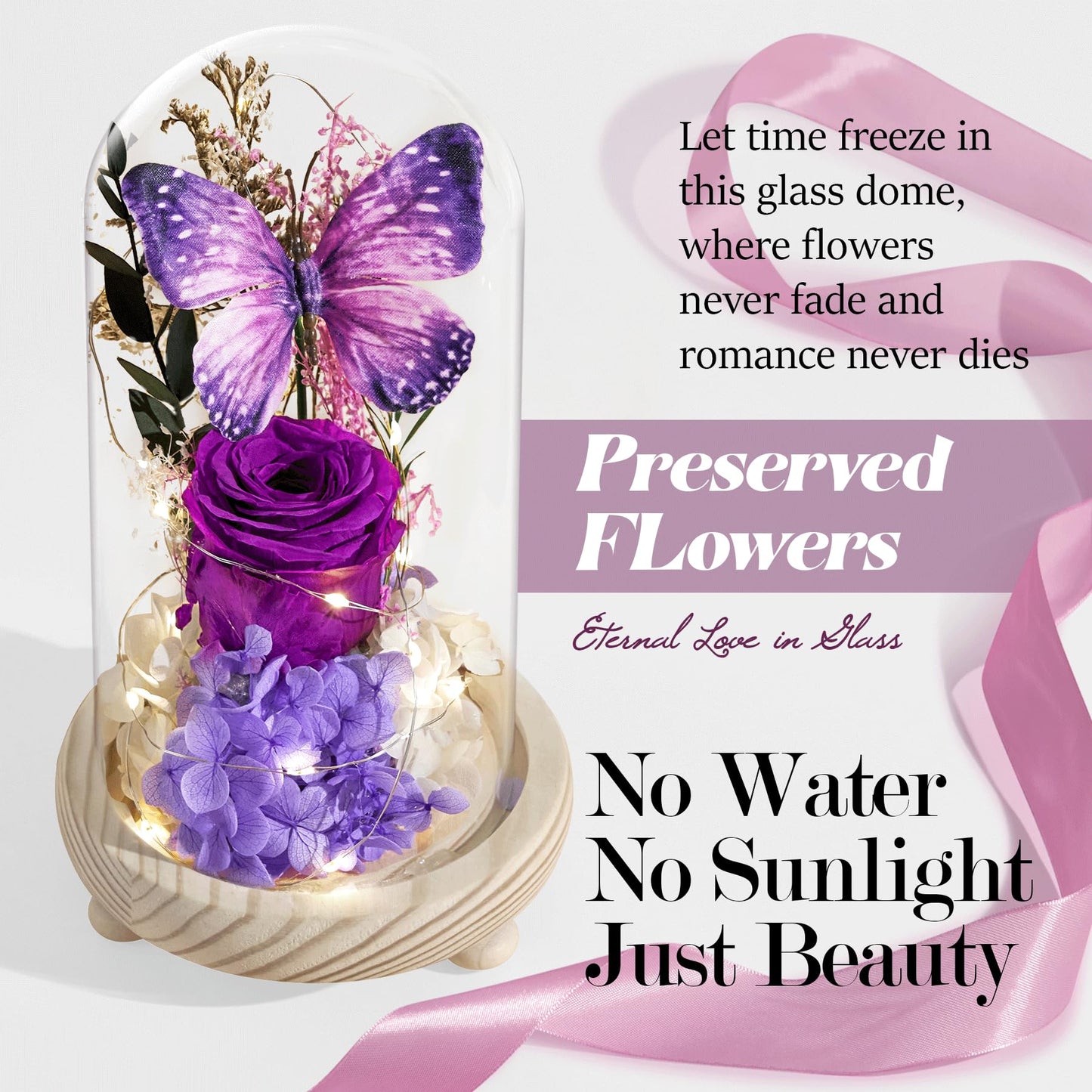 JIGQGY Forever Flowers Preserved Roses Prime Delivery, with Light in Glass Dome for Mom Grandma Wife Girlfriend, Purple Flower for Mother's Day, Valentine's Day, Anniversary, Birthday