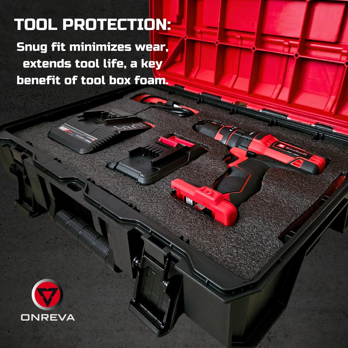 ONREVA Tool Box Foam 4Pack 2pc 18x12x2in & 2pc 18x12x1in, Foam Inserts for Cases, Polyethylene Storage Sheets for Toolbox Hard Case, Tool Shadow Insert, Kaizen Organizer Sheet, Black with Red