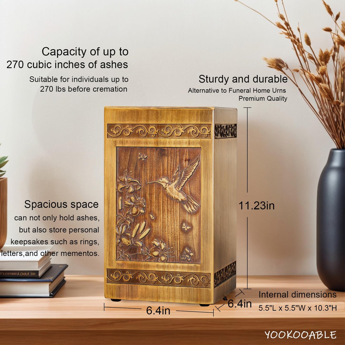 Wooden Urn for Ashes Adult Male Female, Handcrafted Large Cremation Urns Box for Human Ashes Adult Man Woman, Memorial Decorative Funeral Urn with Hummingbird Carvings, with Velvet Bag & Necklace