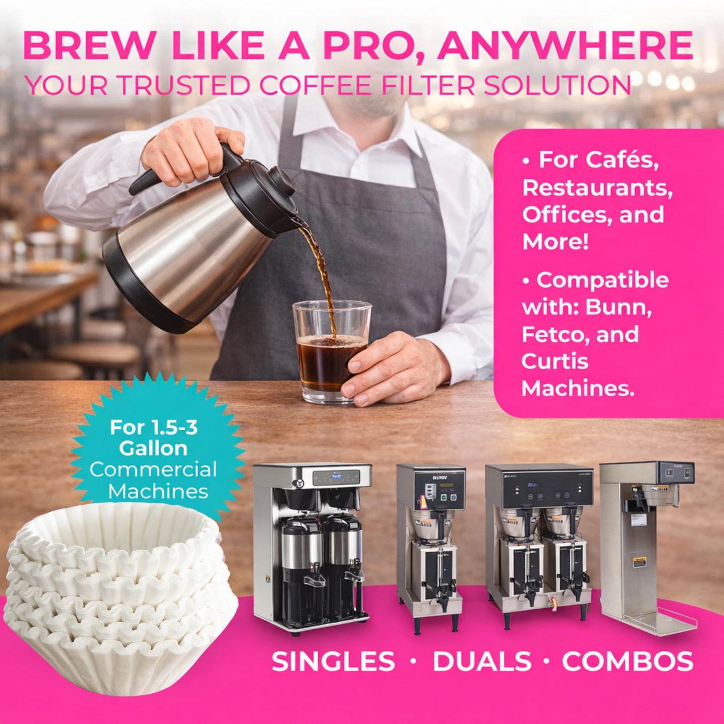 Katy’s Extra Large Commercial Coffee Filters (12.5” x 4.5”) for BUNN, Fetco & Curtis 1.5–3 Gallon Coffee & Tea Machines - Tall Walls, No Ground Overflow - Premium Filters for Businesses (Bulk Pack)