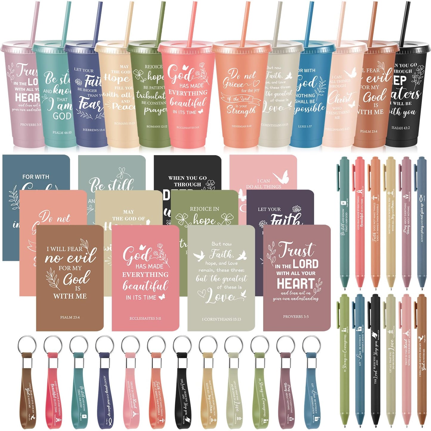 Hollowfly 12 Set / 48 Pcs Christian Church Gifts Bulk, Plastic Cups with Bible Verse Pens Keychains Notebooks for Women Christian Religious Catechist Appreciation Gifts (Morandi Color)